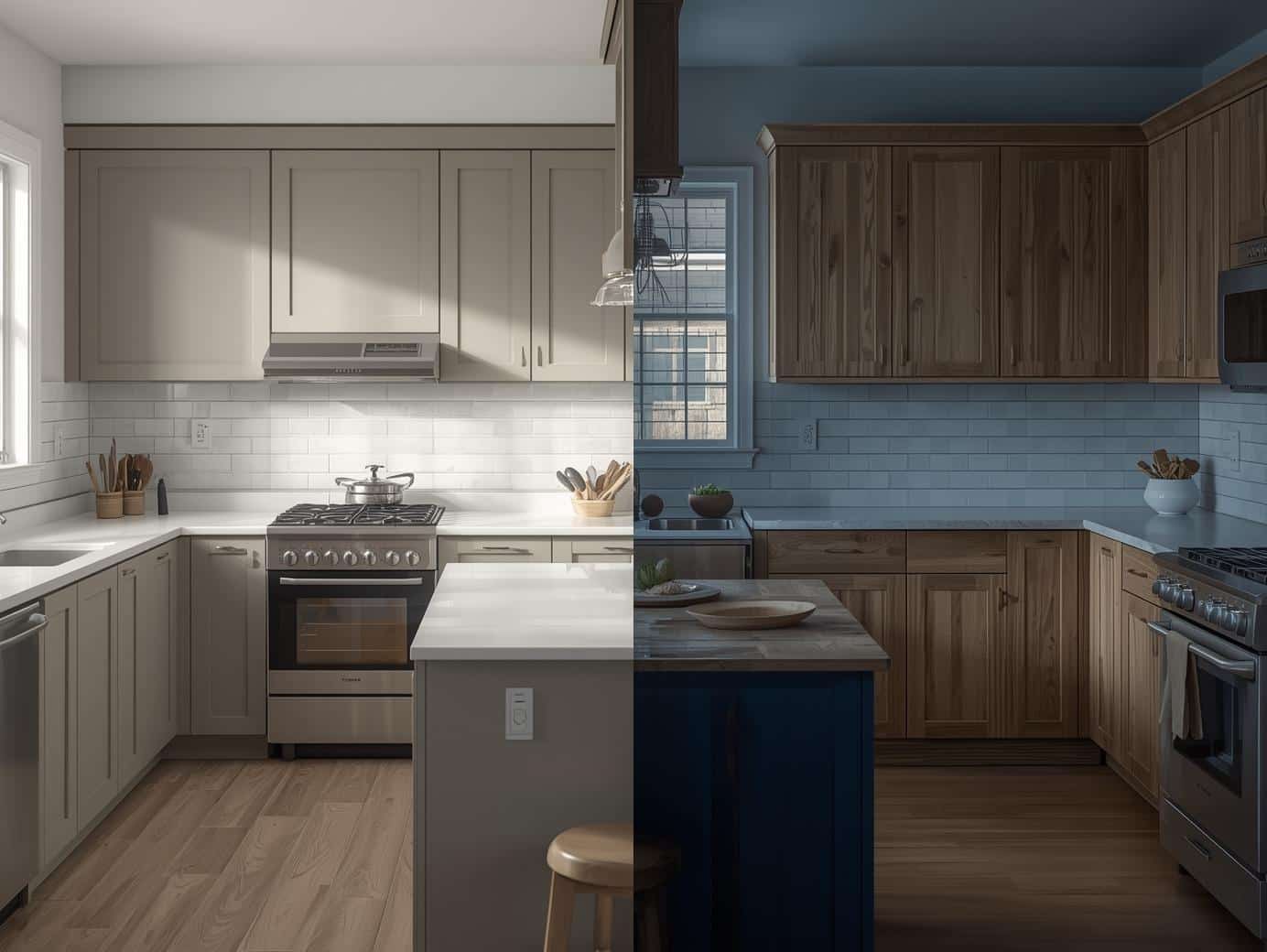 a split photo of “updated kitchen vs. dated kitchen” (neutral tones, no brand logos)