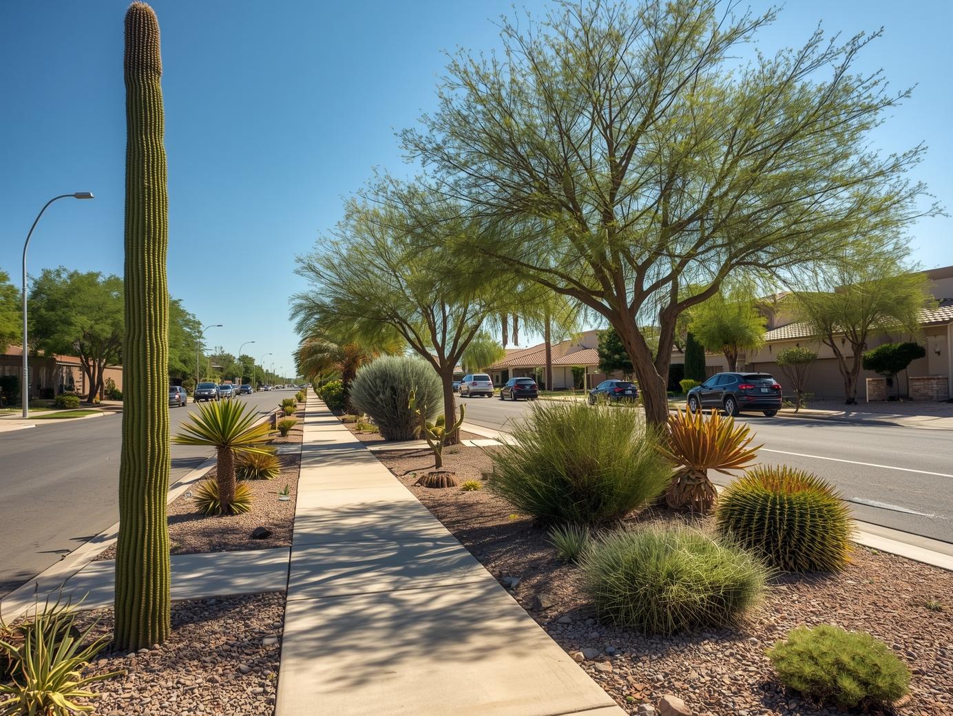 Arizona neighborhood street with sidewalks and mature landscaping