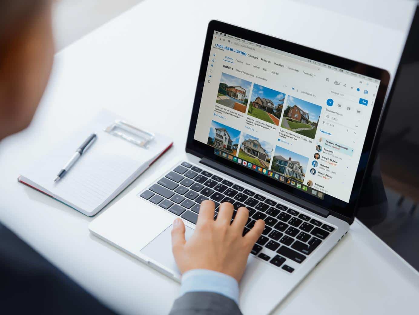 Buyer scrolling Real Estate listings on a laptop with a notepad