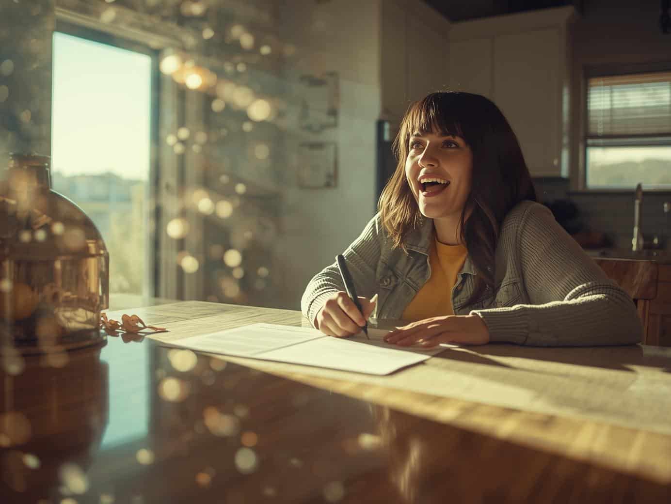First-time homebuyer signing paperwork at a kitchen counter (Arizona home)