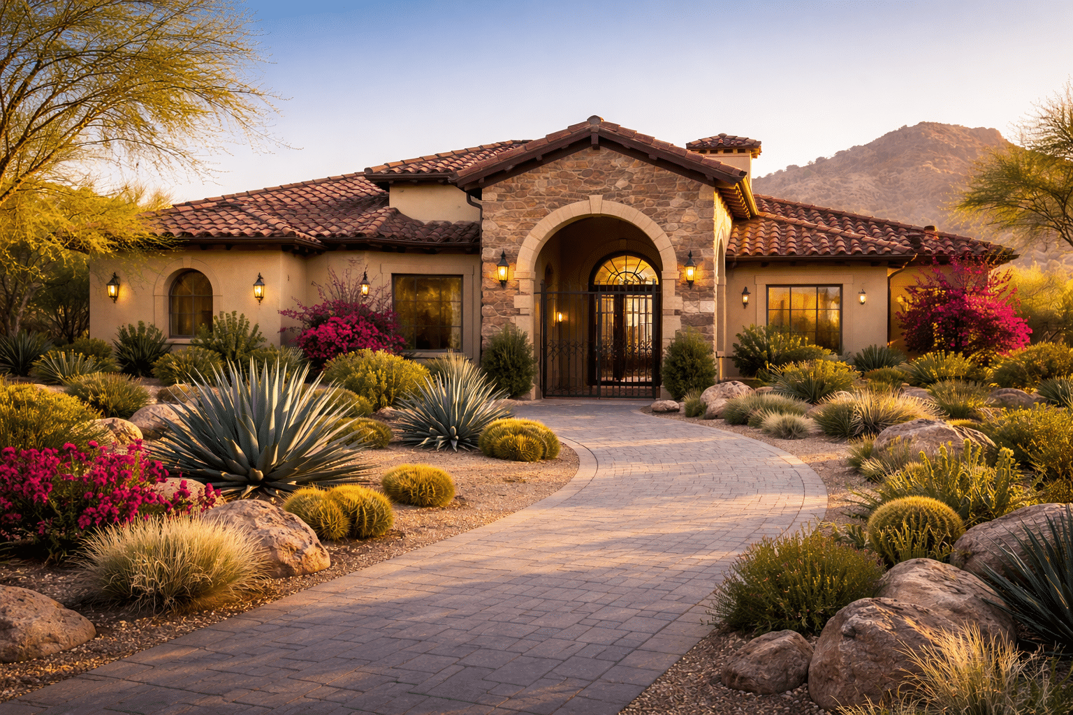 Desert oasis at golden hour