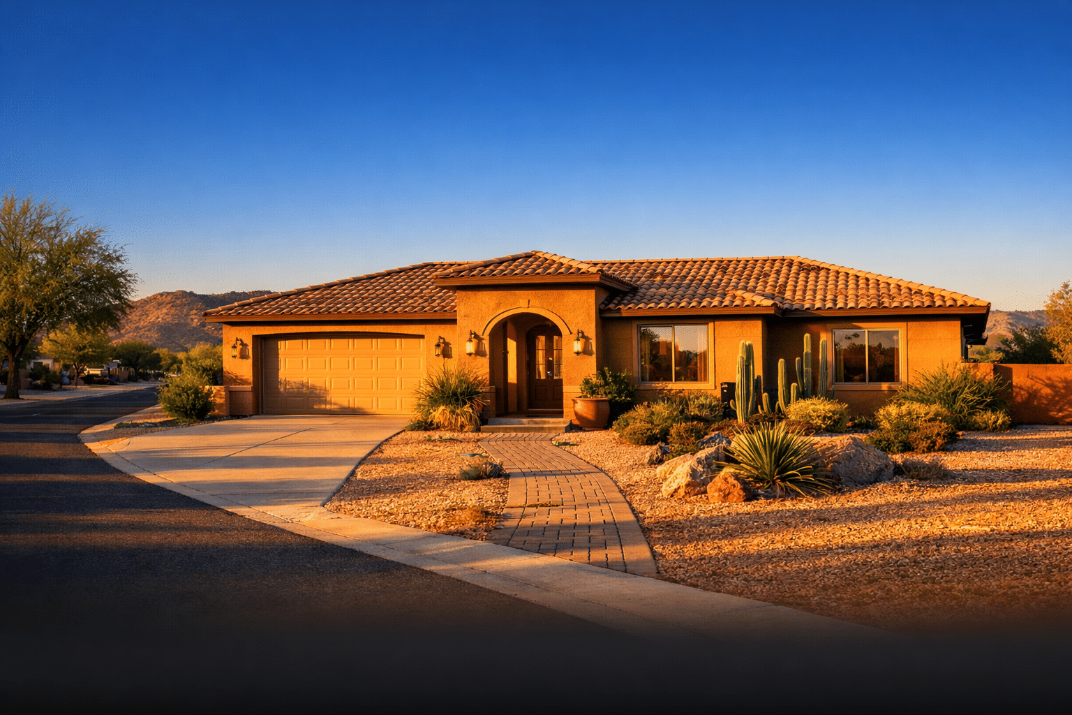 Ranch-style single-family home for sale in Youngtown Arizona with desert landscaping and street approach at late-afternoon golden hour — West USA Realty