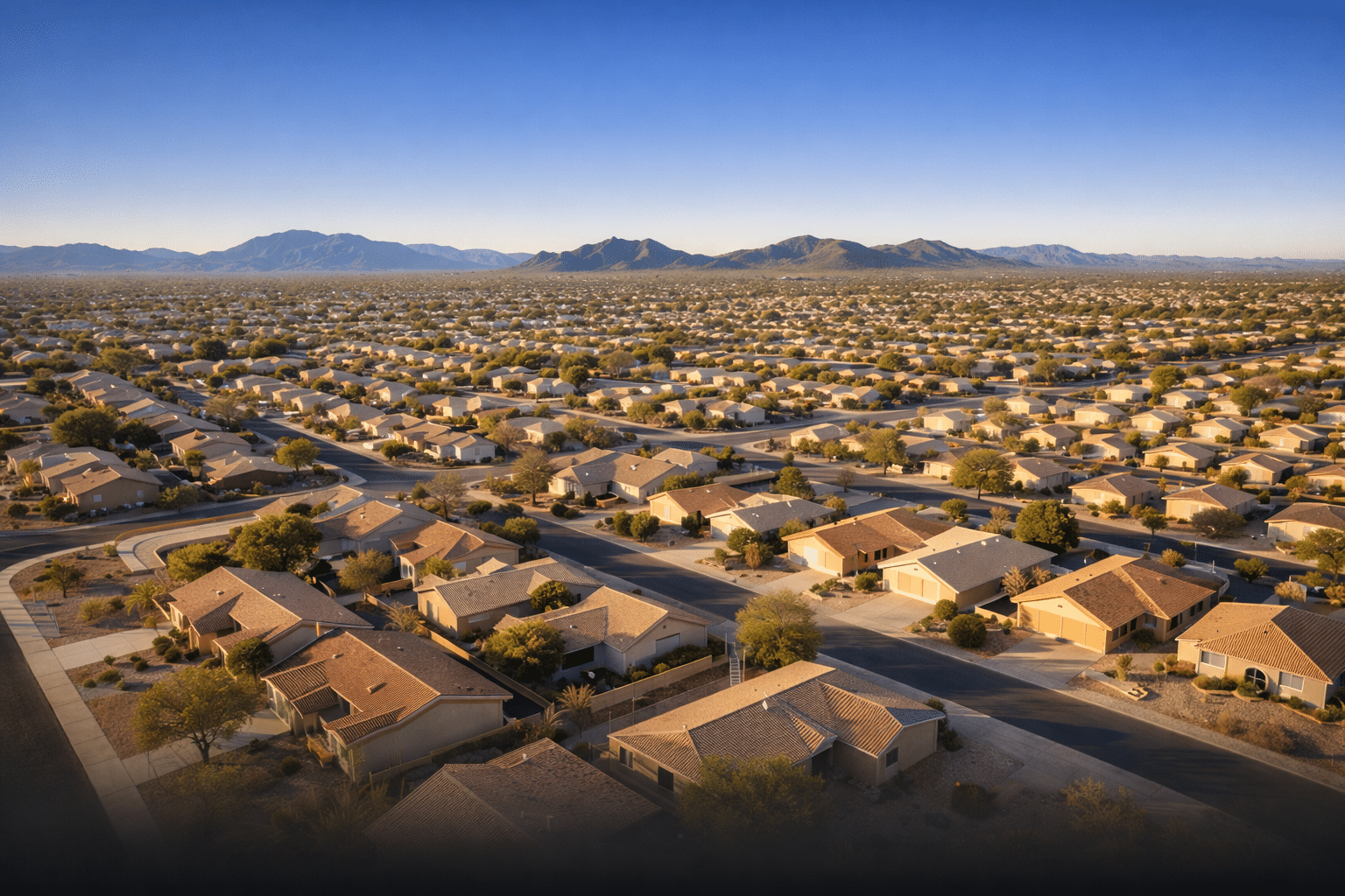 Aerial view of Youngtown real estate and residential streets in northwest Maricopa County at winter morning light — West USA Realty