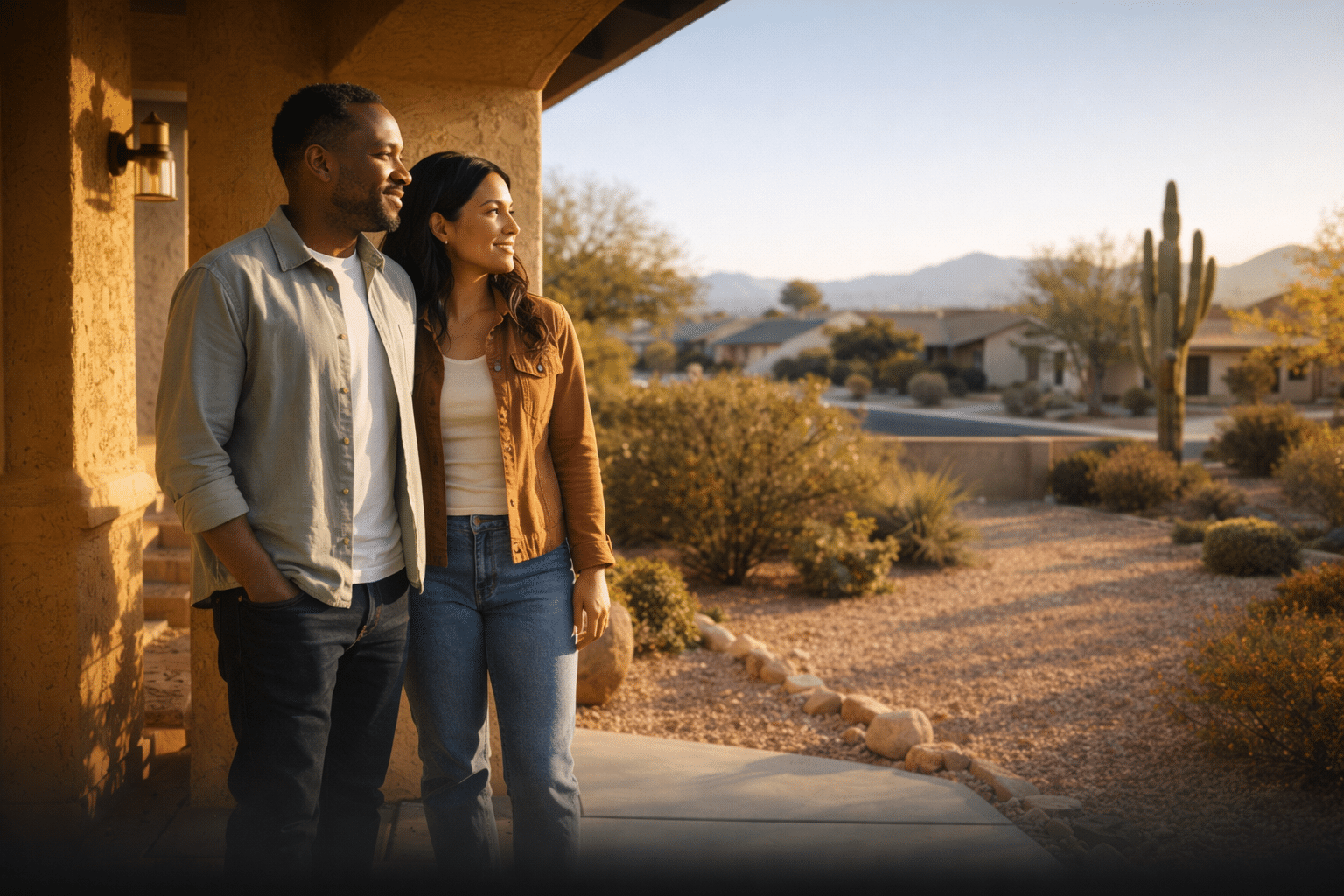 Diverse couple on front porch of Arizona ranch home representing Youngtown community and northwest Valley lifestyle — West USA Realty