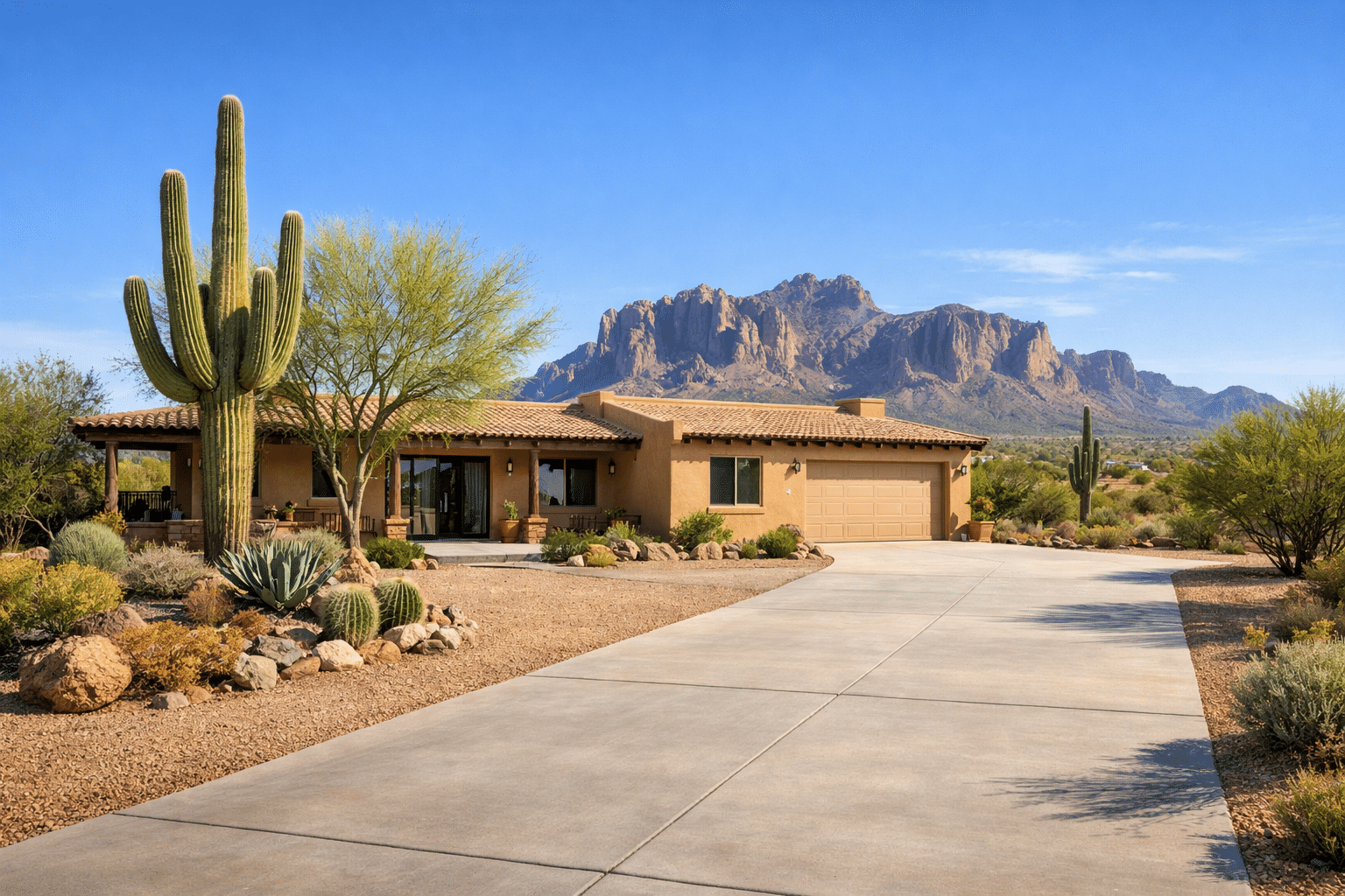 Apache Junction real estate ranch home with Superstition Mountains in background