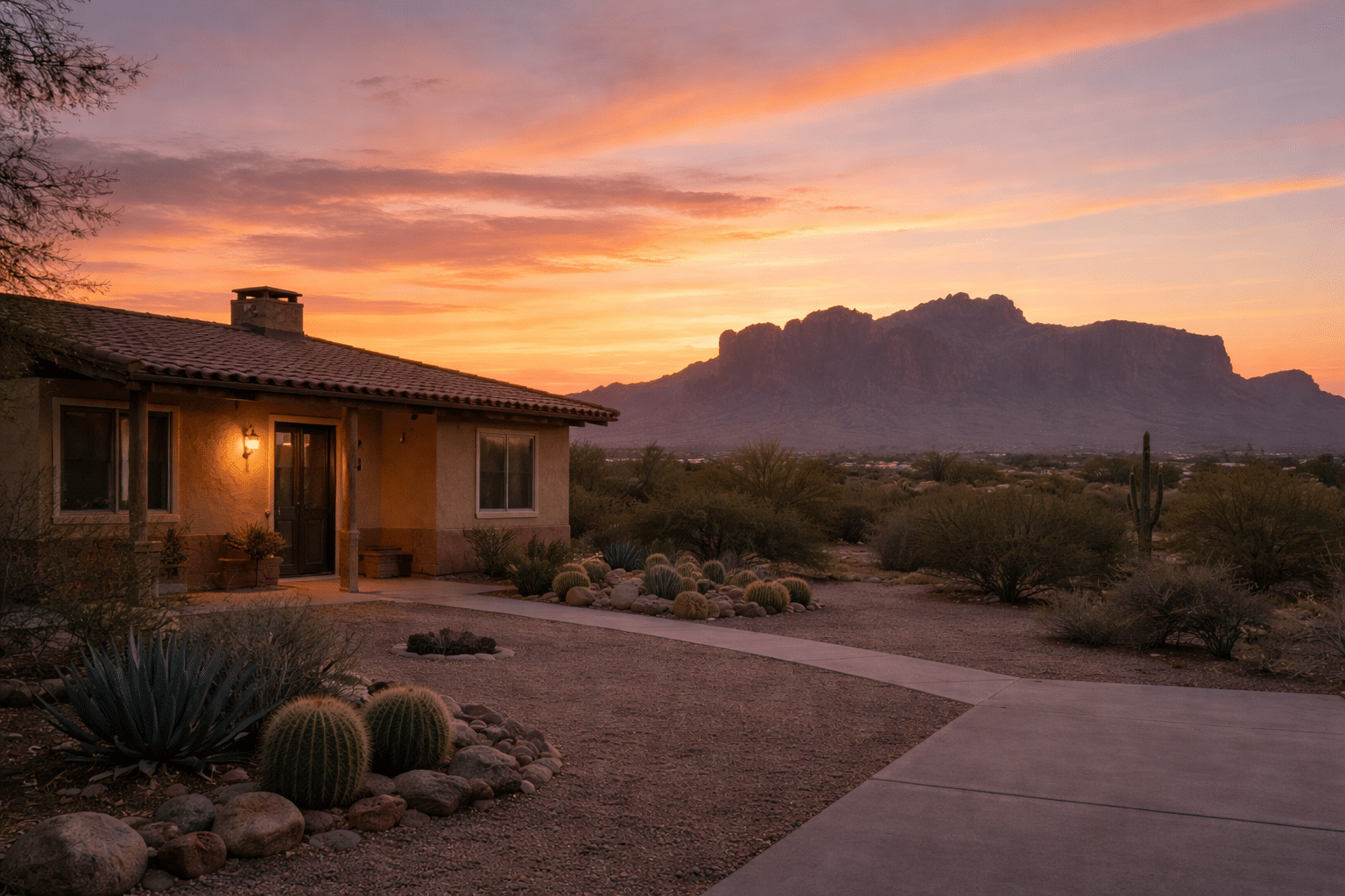 Apache Junction real estate desert home at sunset with Superstition Mountains silhouette