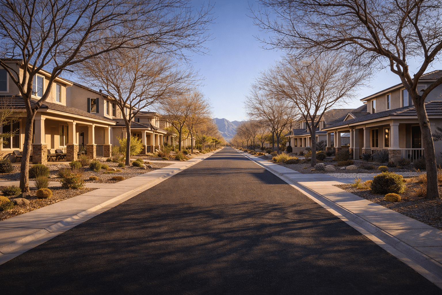 Tree-lined residential street in Buckeye AZ master-planned community at golden hour — West USA Realty
