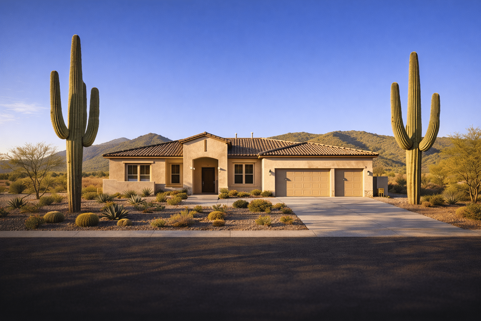 Modern Arizona ranch home with saguaro cactus and clear winter blue sky in Buckeye AZ — West USA Realty