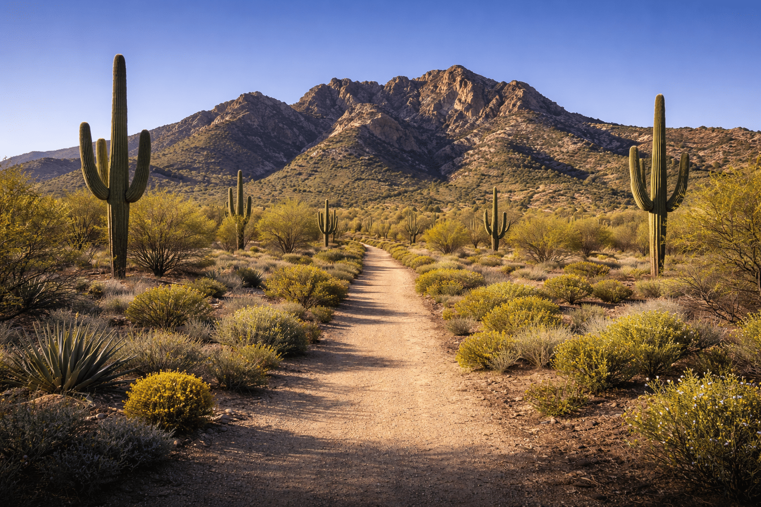 Desert hiking trail toward White Tank Mountains in Buckeye AZ on a clear winter morning — West USA Realty