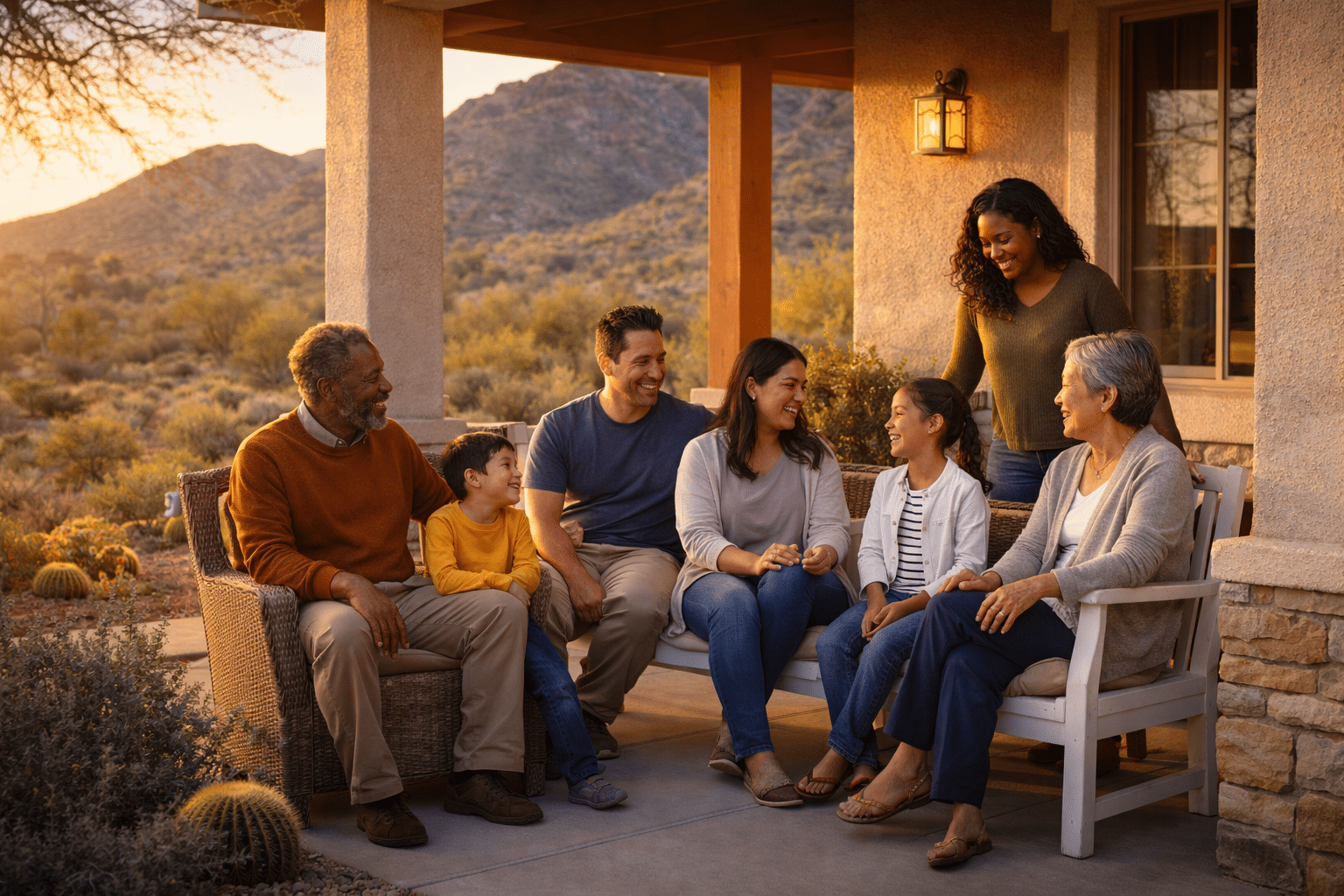 Diverse family on front porch of Arizona home with desert landscaping at golden hour in Buckeye AZ — West USA Realty