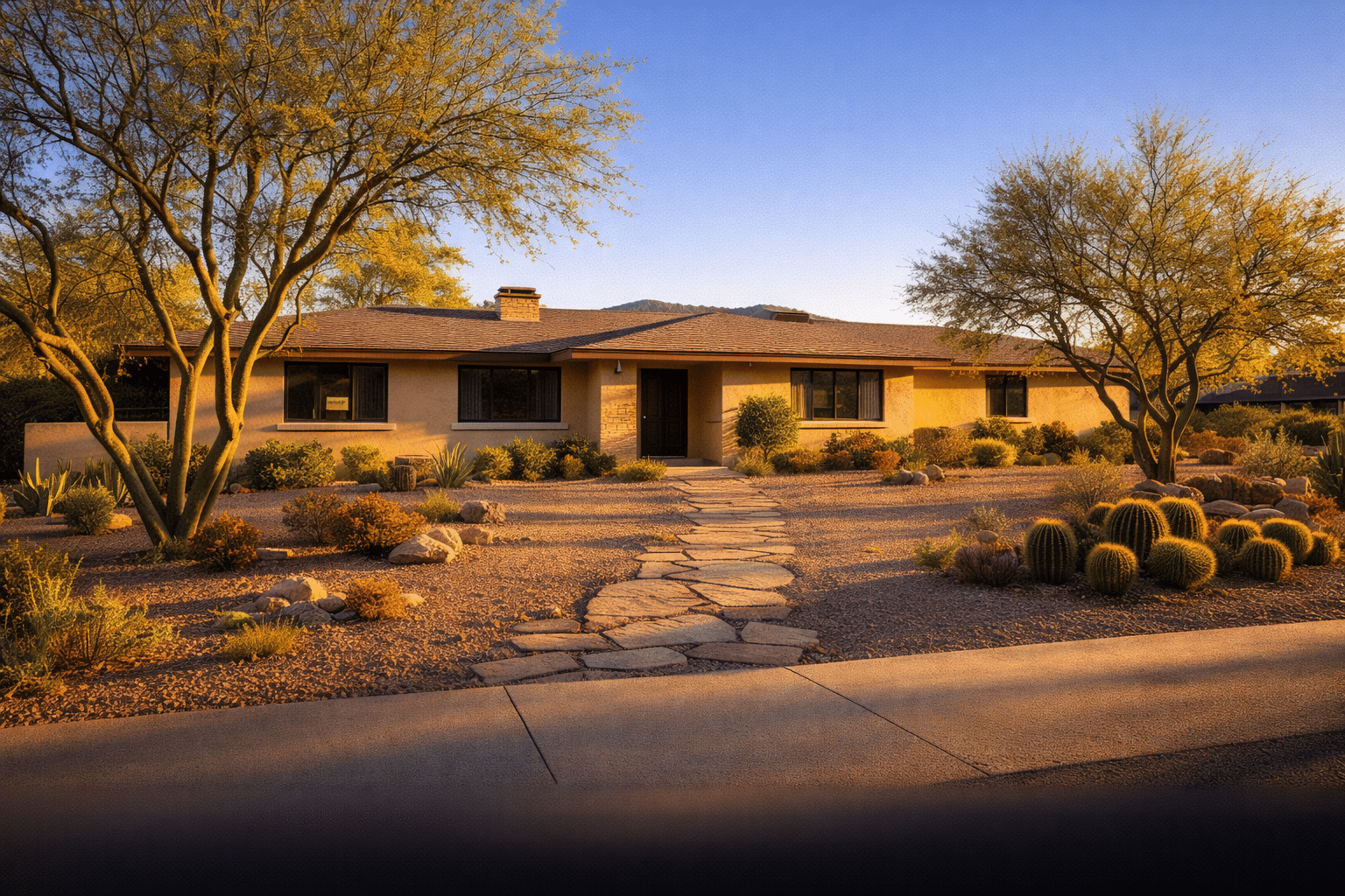 Mature mid-century ranch home in a Phoenix neighborhood with desert landscaping at golden hour — West USA Realty