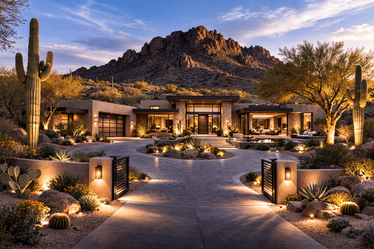 Carefree real estate luxury custom estate exterior with Black Mountain view and desert landscaping at golden hour — West USA Realty