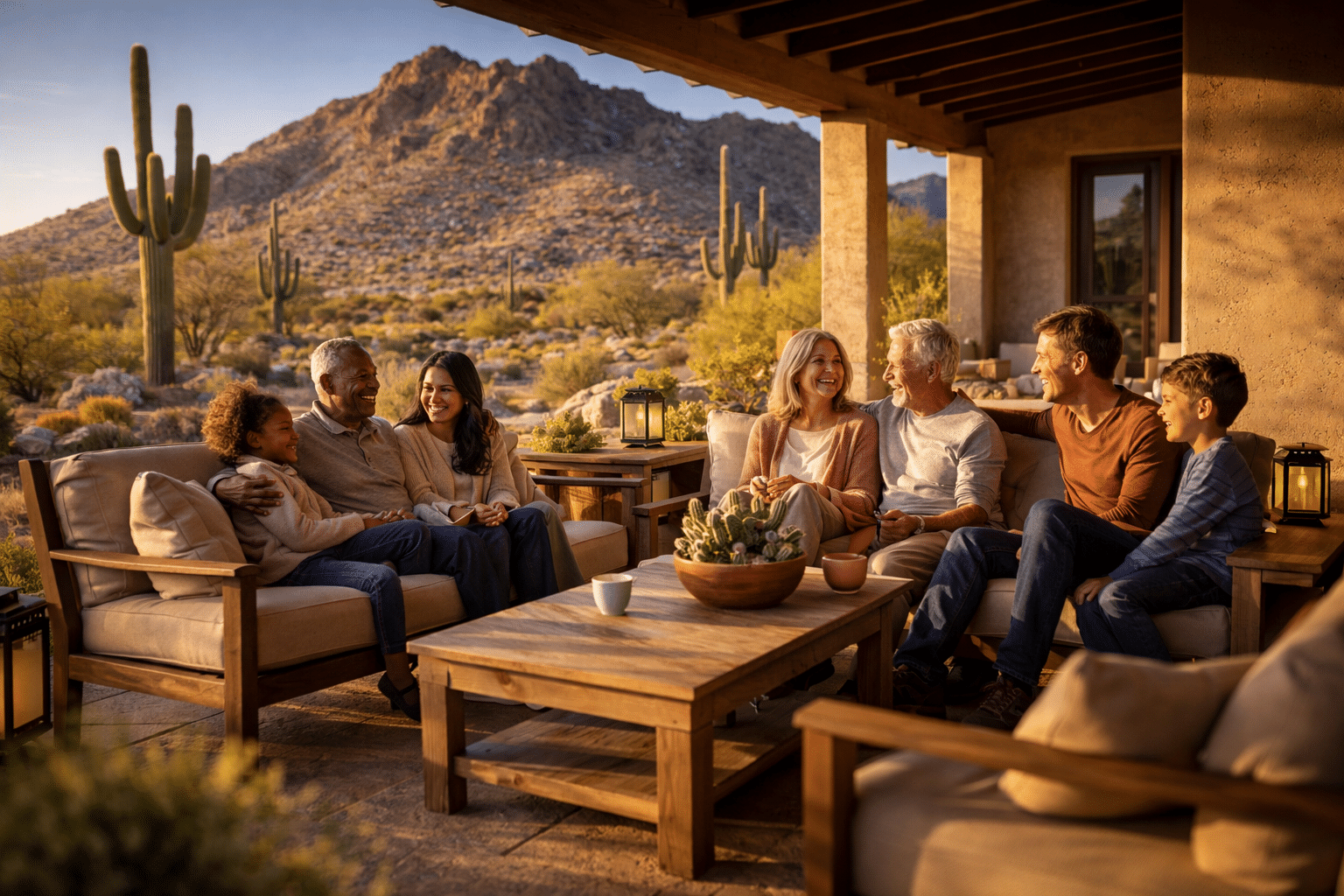 Carefree AZ real estate family lifestyle on covered porch of custom desert home with mountain view — West USA Realty