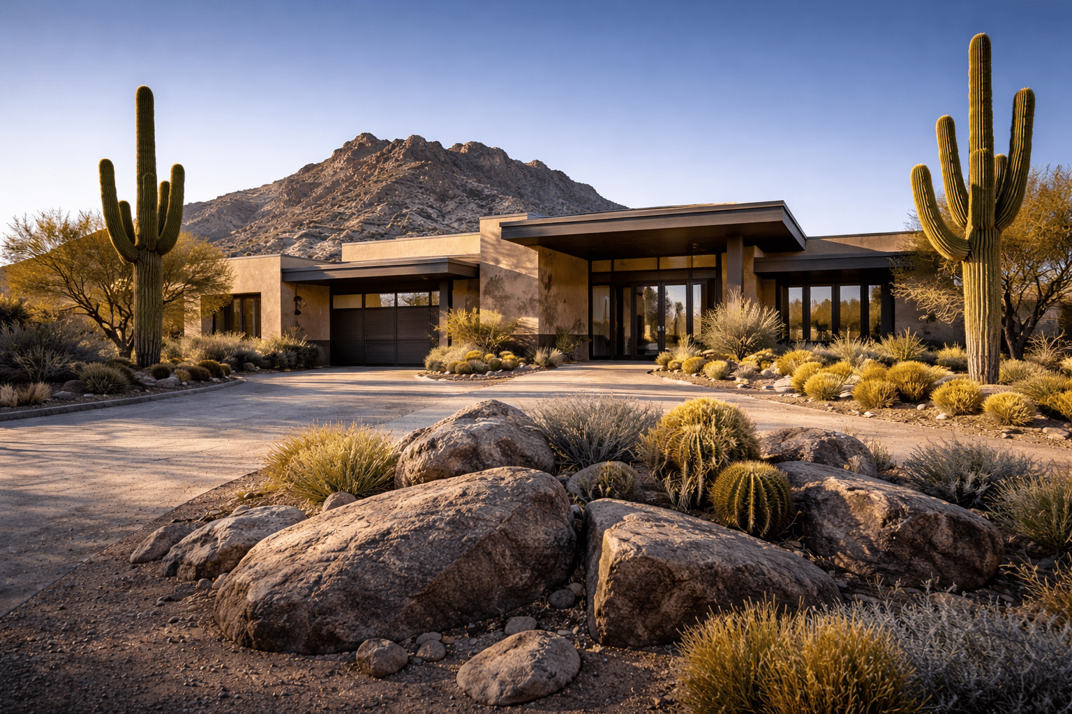 Carefree Arizona custom luxury estate exterior with desert boulder landscaping and contemporary architecture — West USA Realty
