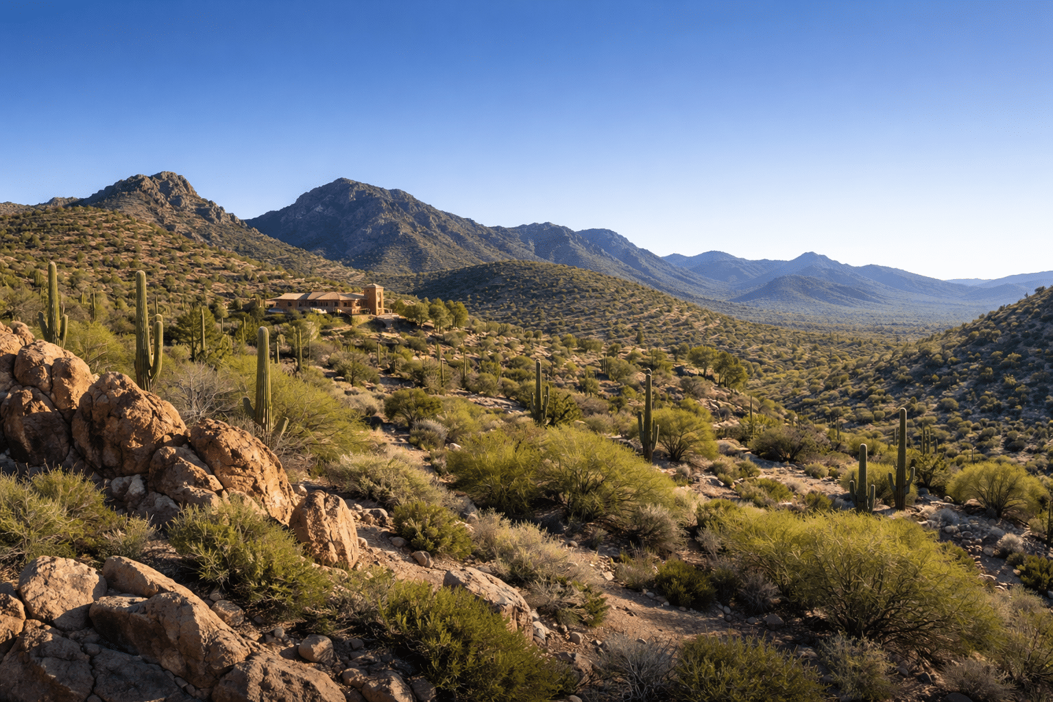 Carefree Arizona desert foothills winter landscape with custom home nestled into Sonoran Desert hillside — West USA Realty