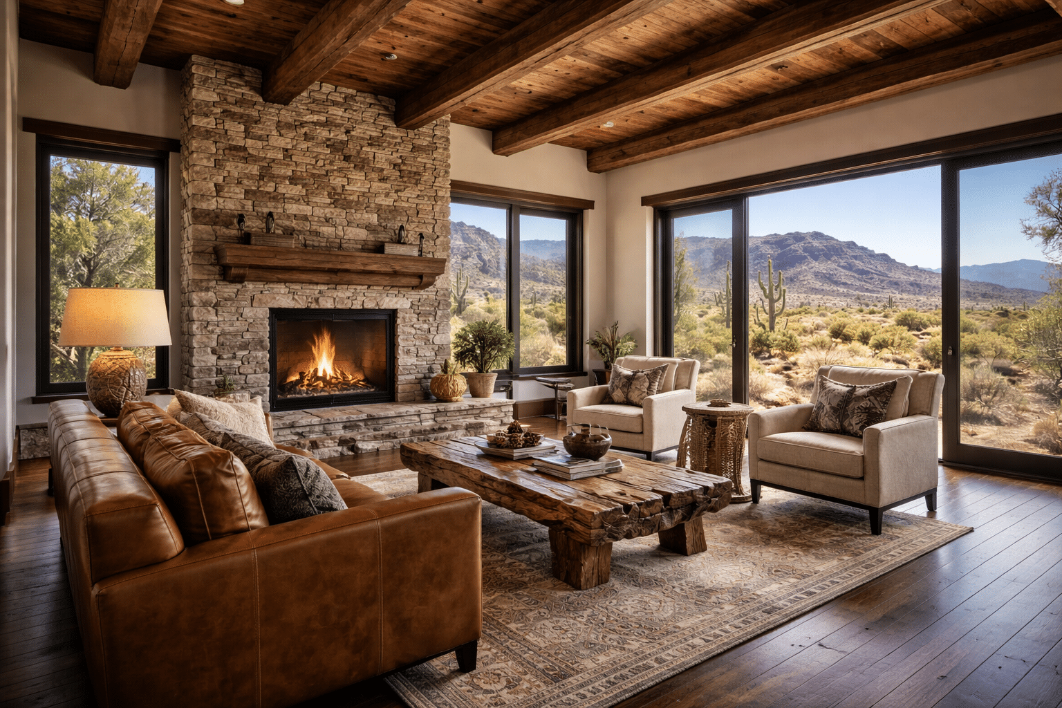 Cave Creek housing market custom home interior great room with stone fireplace and wood beams — West USA Realty