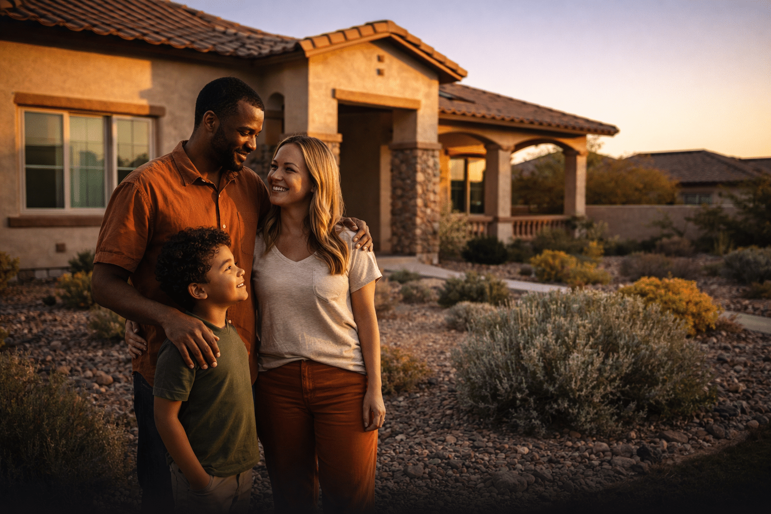 Diverse family in the front yard of a Chandler Arizona Southwestern-style home at golden hour with desert landscaping — West USA Realty