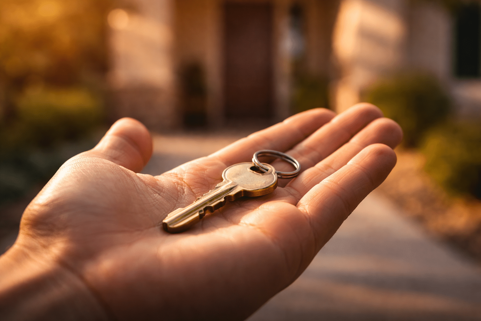 Brass house key on open palm with blurred desert home front door in warm afternoon light — West USA Realty