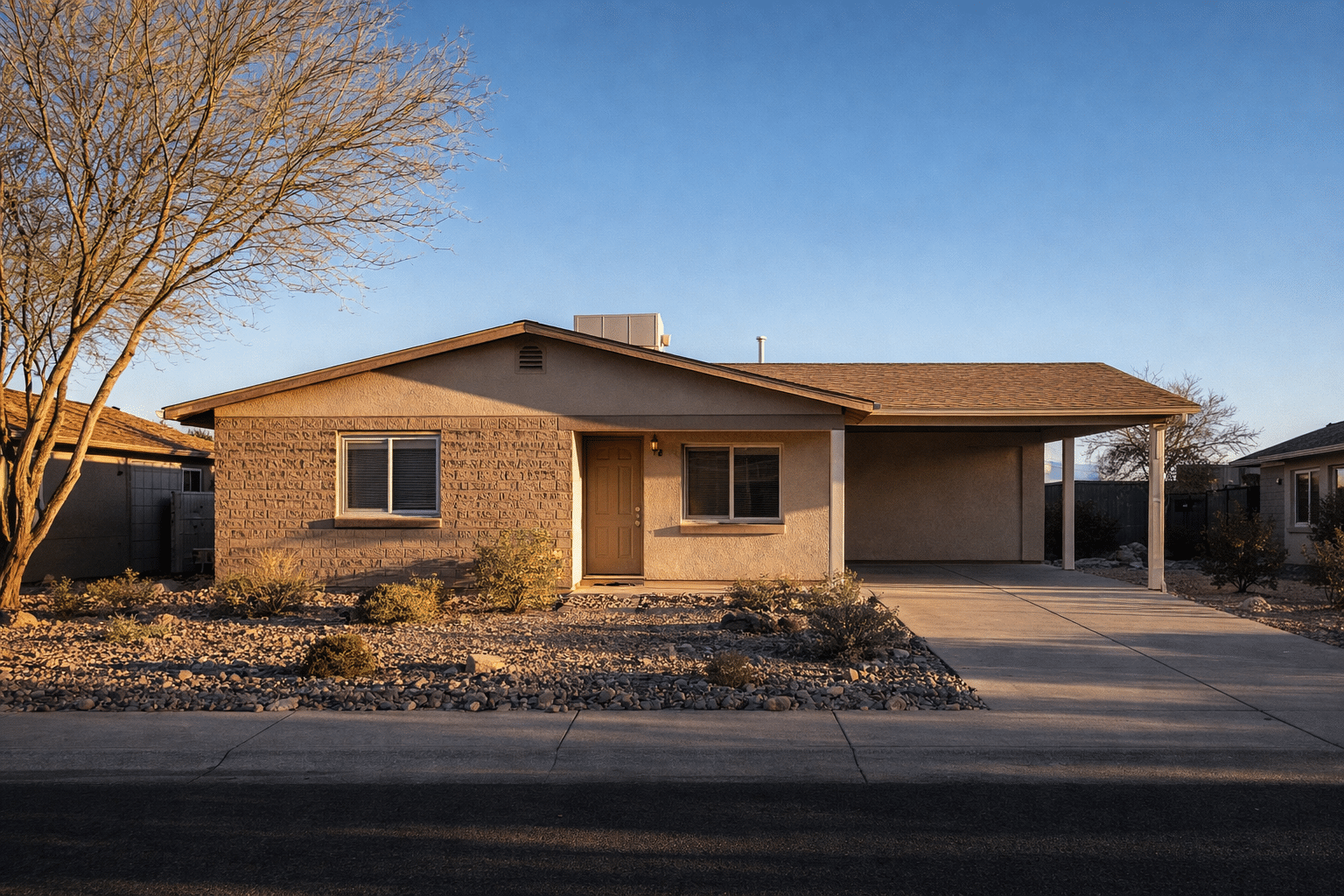 Single-story El Mirage Arizona home with painted block facade and desert xeriscape front yard under a clear winter blue sky — West USA Realty