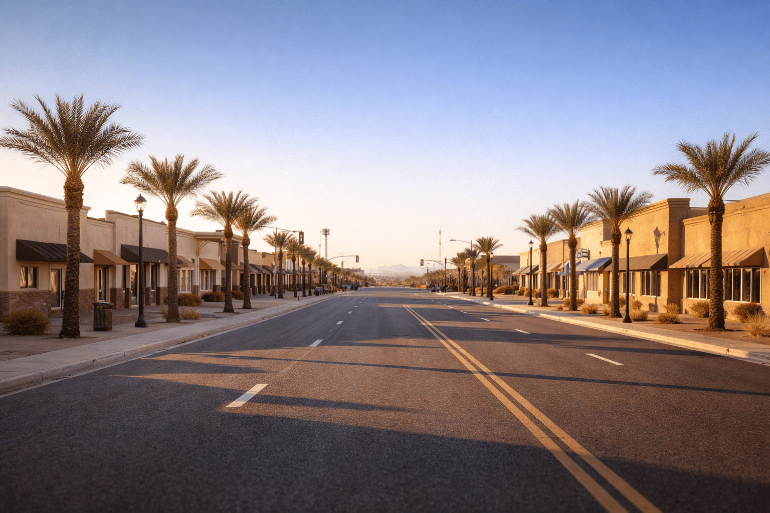 Casa Grande Arizona housing market town boulevard with palm trees and open desert horizon in winter — West USA Realty
