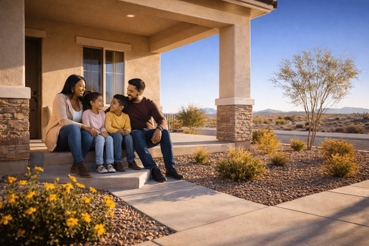Casa Grande AZ homes for sale diverse family on porch of new construction home in Pinal County — West USA Realty