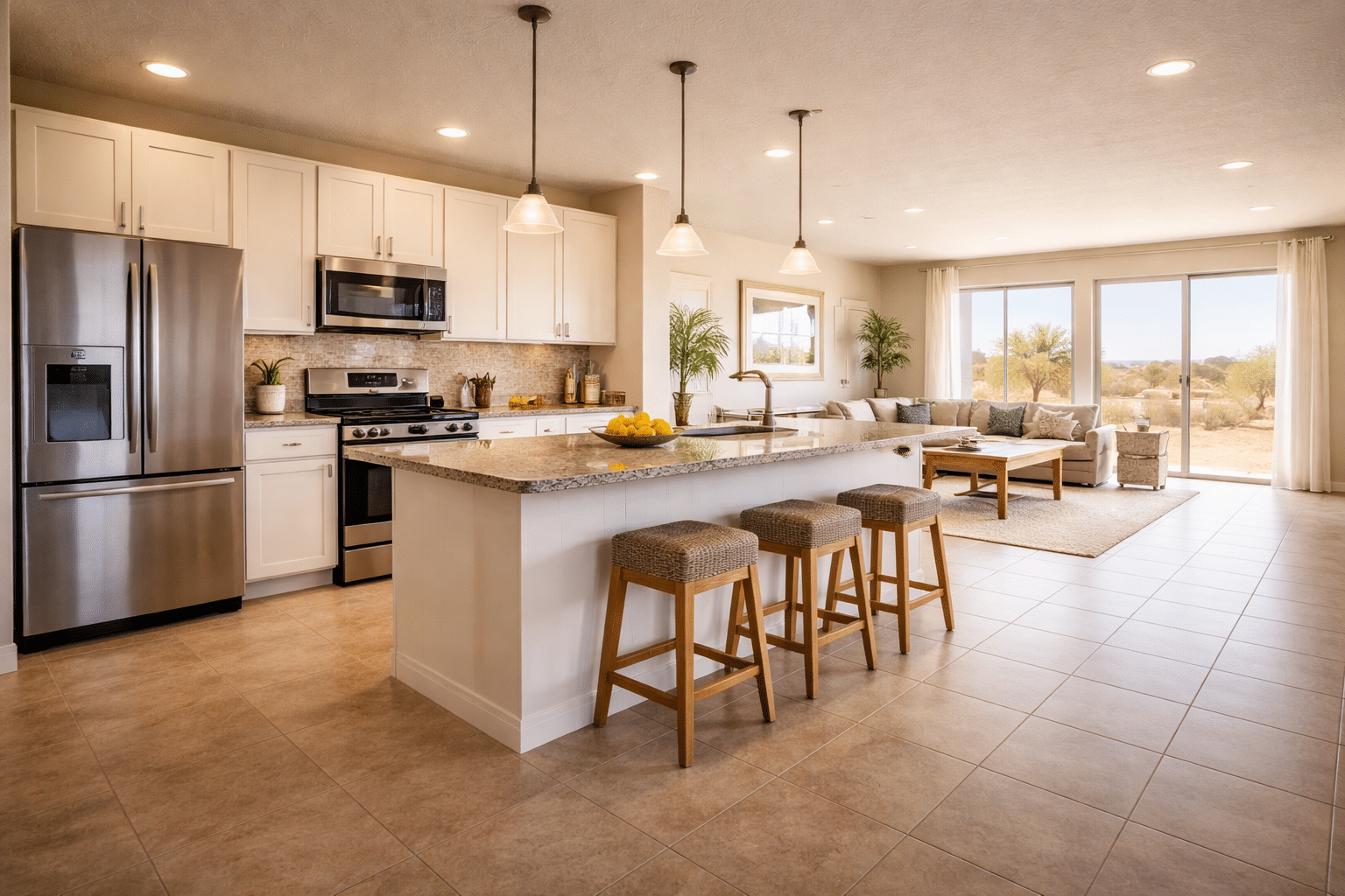 Casa Grande AZ new construction home interior open-plan kitchen and living area with natural light — West USA Realty