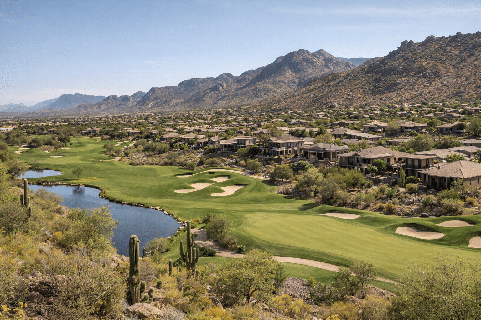 Golf course homes in Fountain Hills with desert hills and panoramic views.