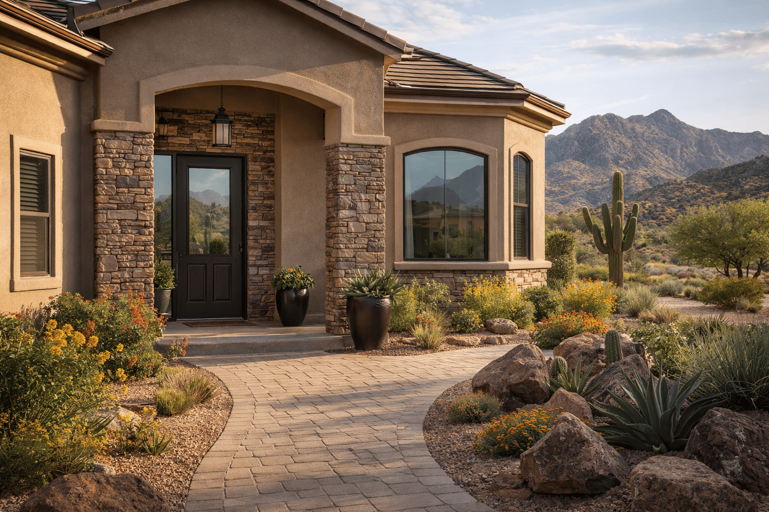 Well-presented Fountain Hills home entry with desert landscaping for a home-buying guide section