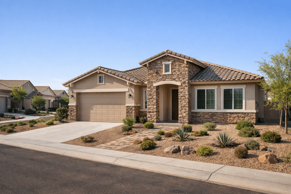 New construction home in southeast Gilbert with updated exterior finishes and desert landscaping.
