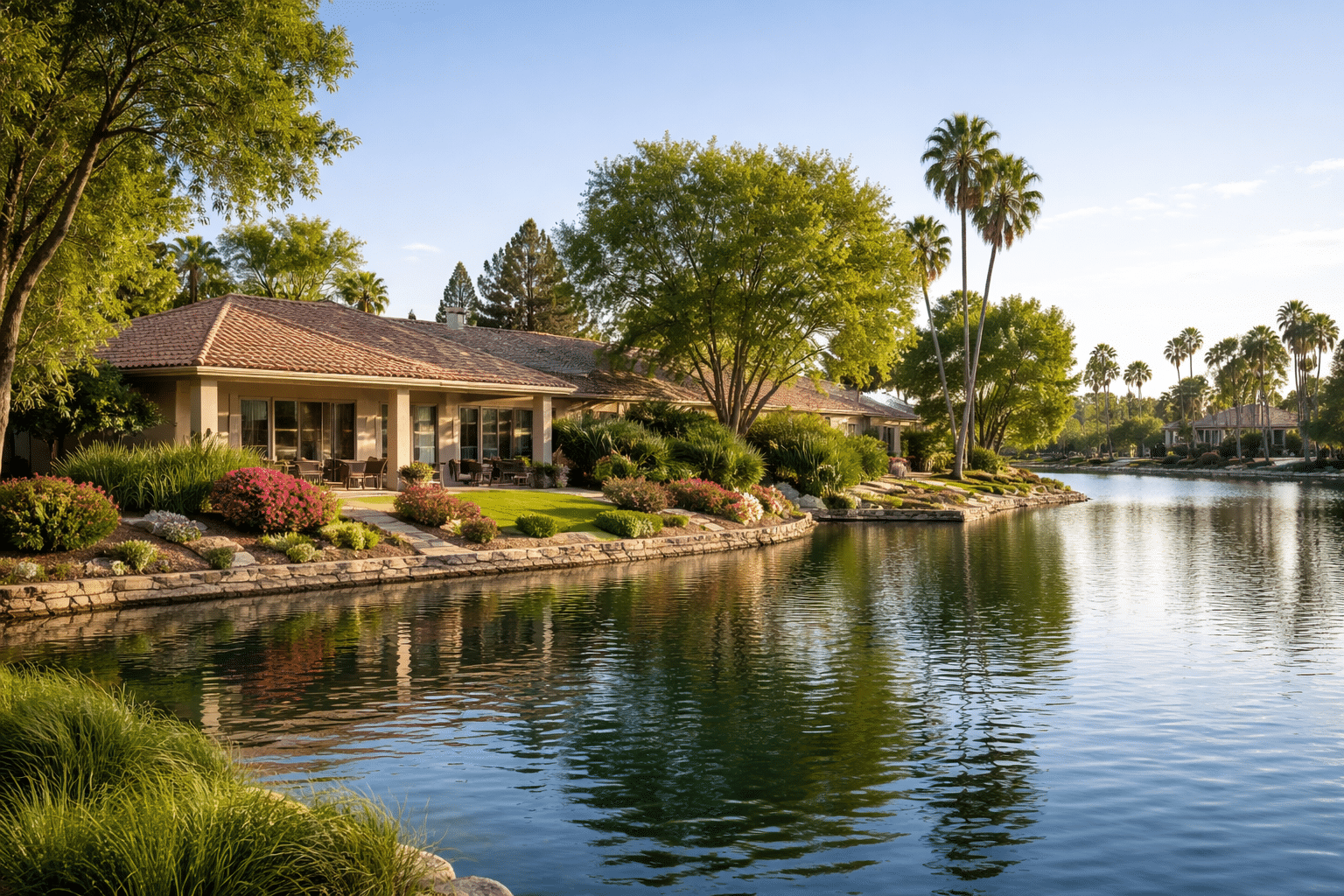 Waterfront home setting in Val Vista Lakes, Gilbert, with mature landscaping and lake views.