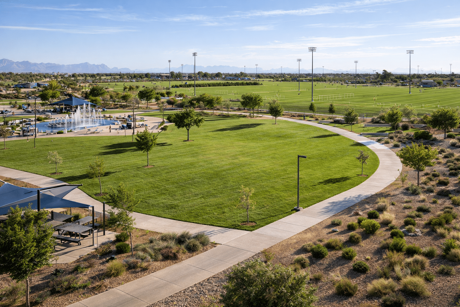 Open space and walking paths at Gilbert Regional Park, highlighting Gilbert’s large park and recreation amenities.