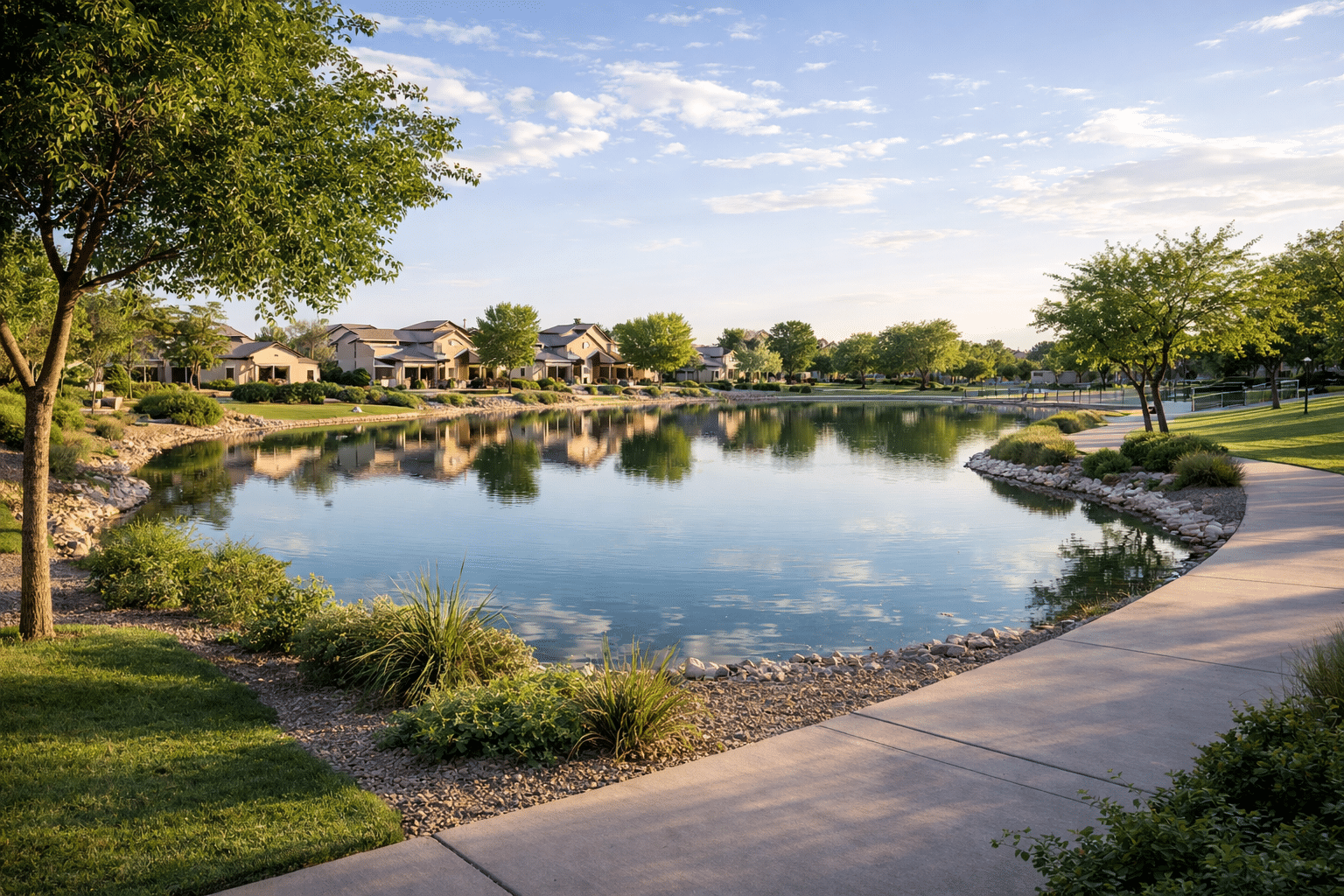 Lake and trail setting in Power Ranch, Gilbert, with nearby homes and landscaped community open space.