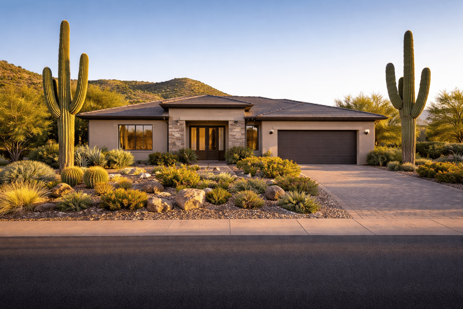Contemporary Glendale Arizona home exterior with desert landscaping and saguaro cactus under a crisp winter blue sky — West USA Realty