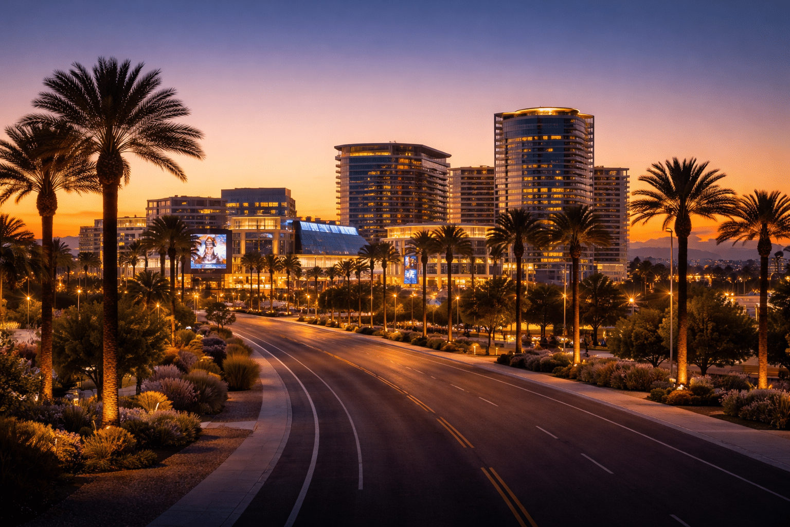 Glendale AZ housing market near State Farm Stadium and Westgate district at twilight with palm tree silhouettes — West USA Realty