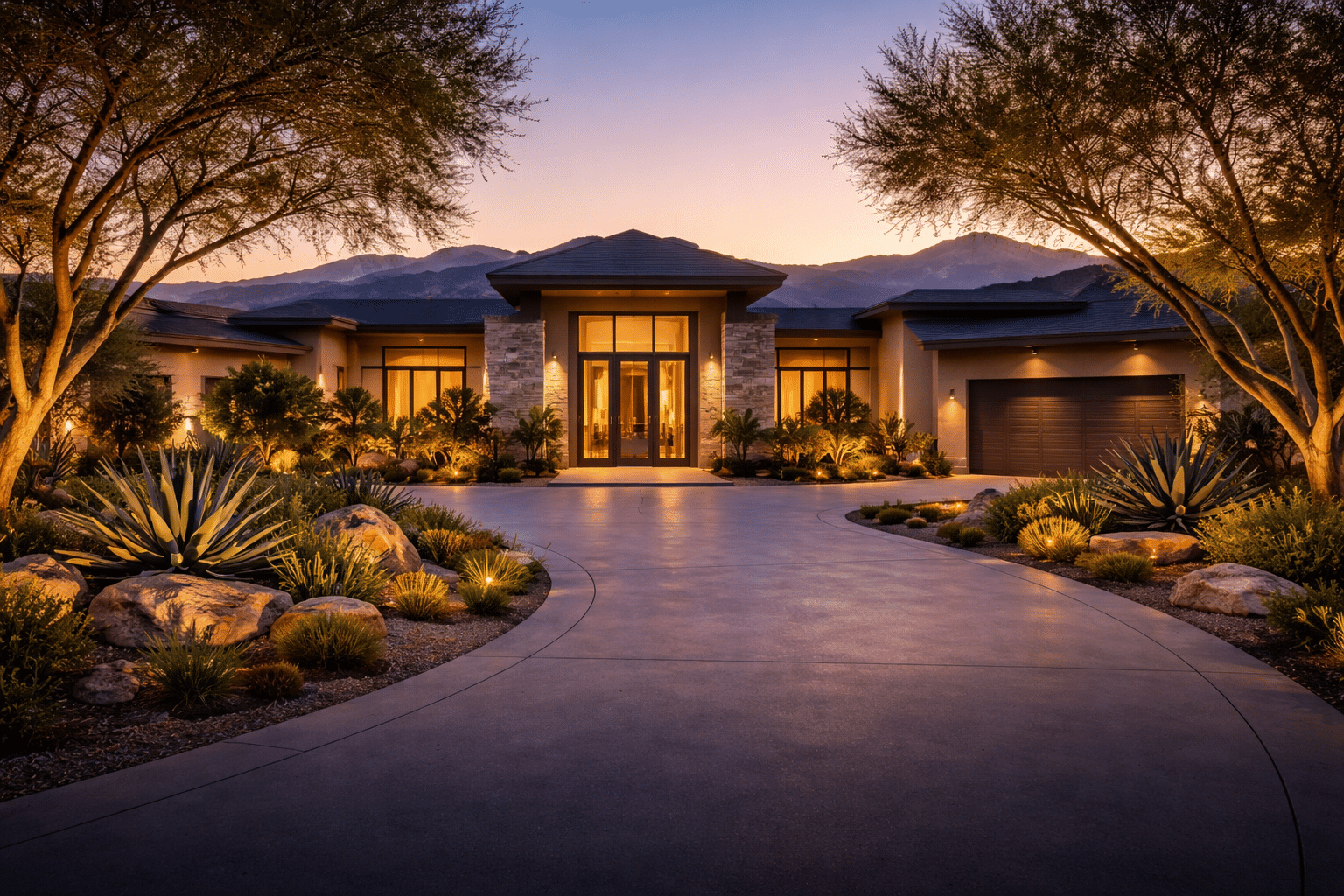 Luxury homes Glendale Arizona northern Arrowhead area estate exterior with desert garden at golden hour — West USA Realty