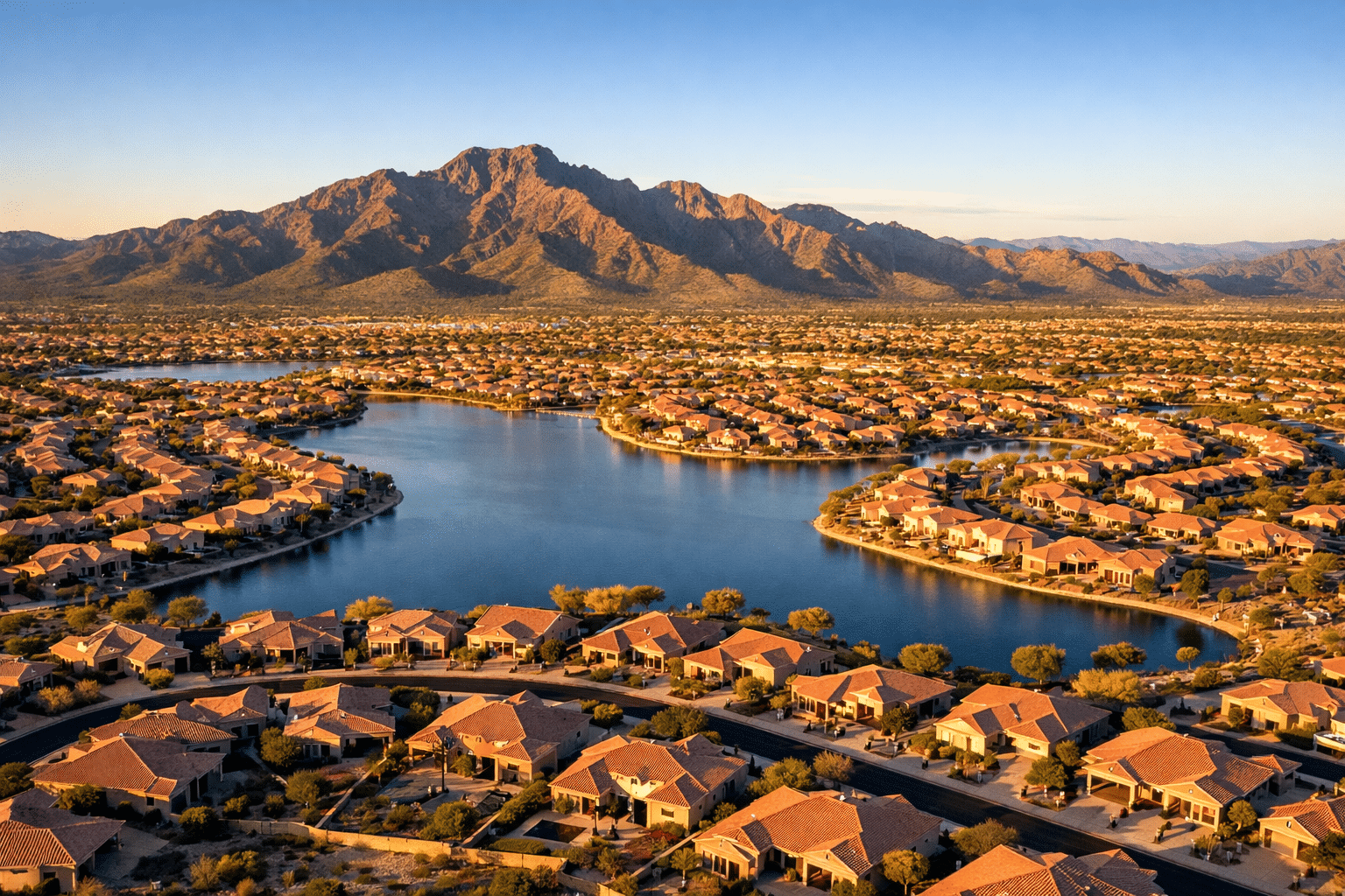 Goodyear homes for sale Estrella Mountain Ranch aerial view at golden hour — West USA Realty