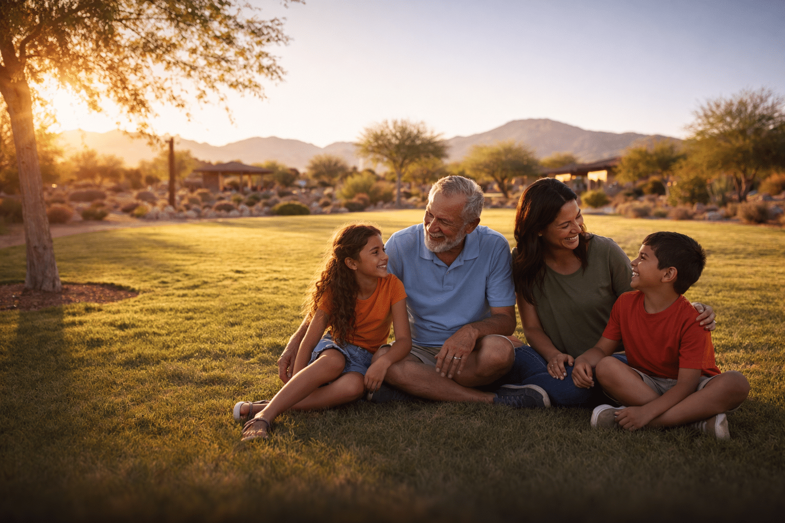 Diverse family at a neighborhood park in a small Arizona desert community, Eloy AZ real estate community lifestyle Pinal County — West USA Realty