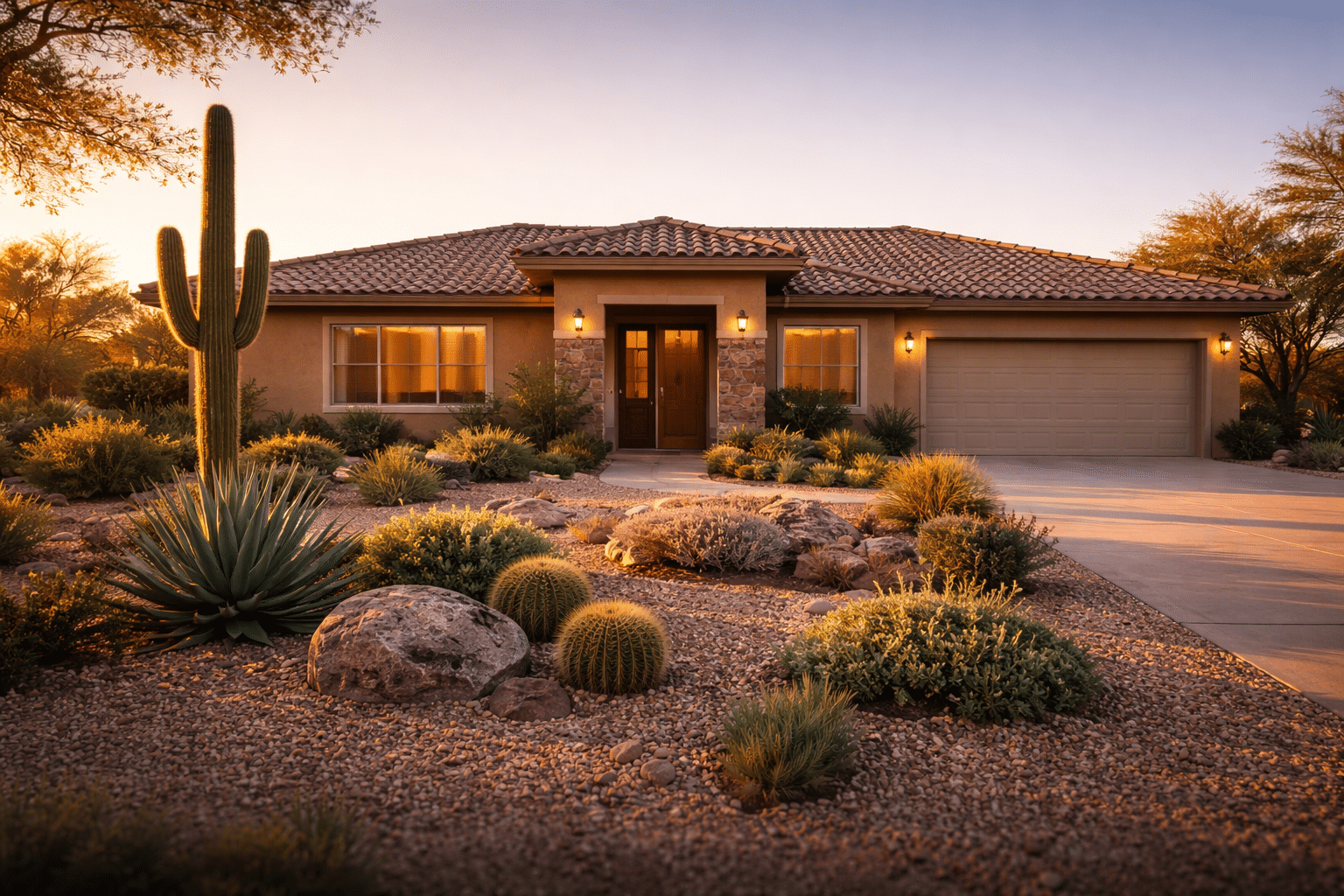 Single-story desert ranch home with stucco exterior and mature Arizona landscaping, Eloy AZ single family homes for sale — West USA Realty