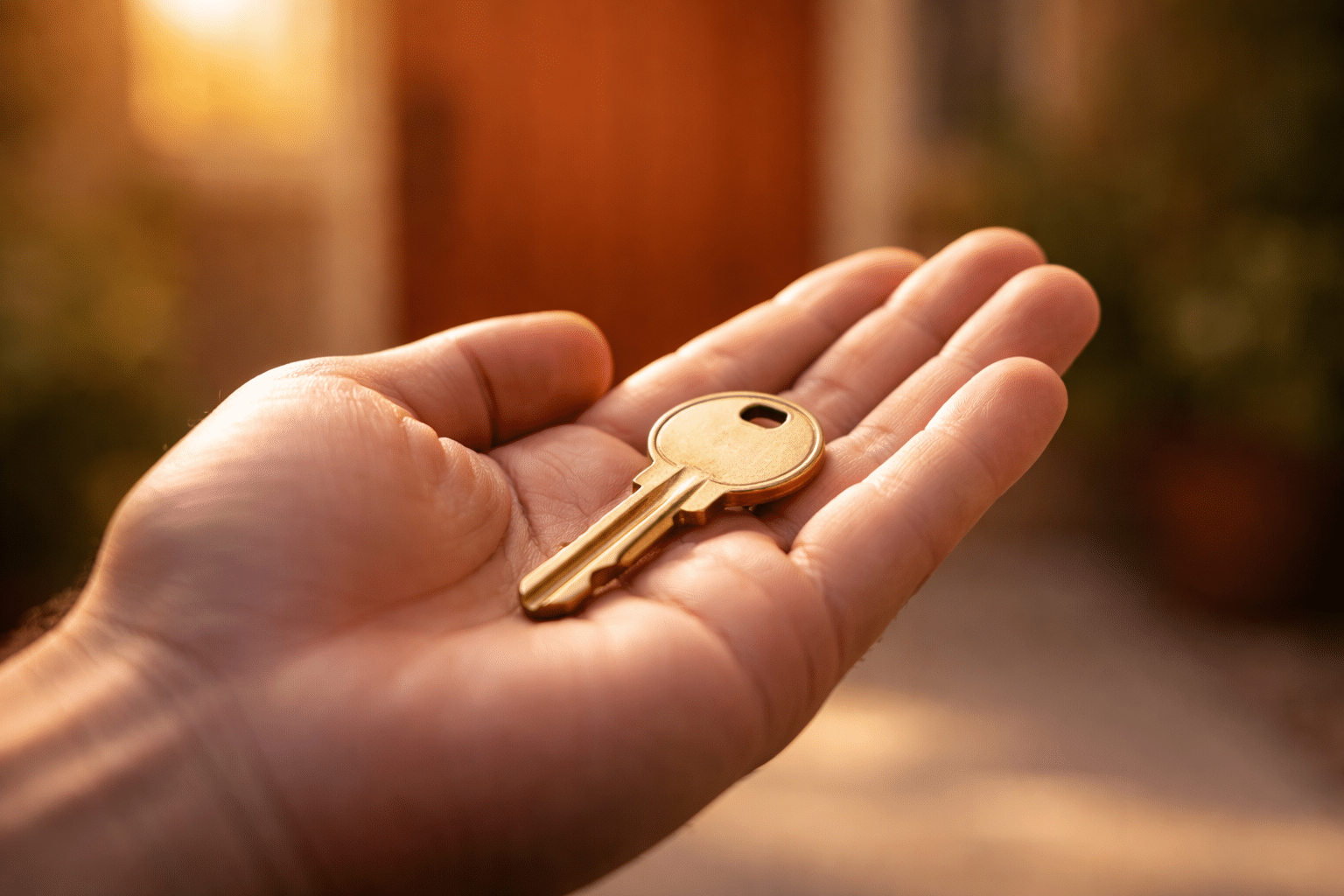 Brass house key in open palm with blurred front door in background, Eloy Arizona home buying process Pinal County real estate — West USA Realty