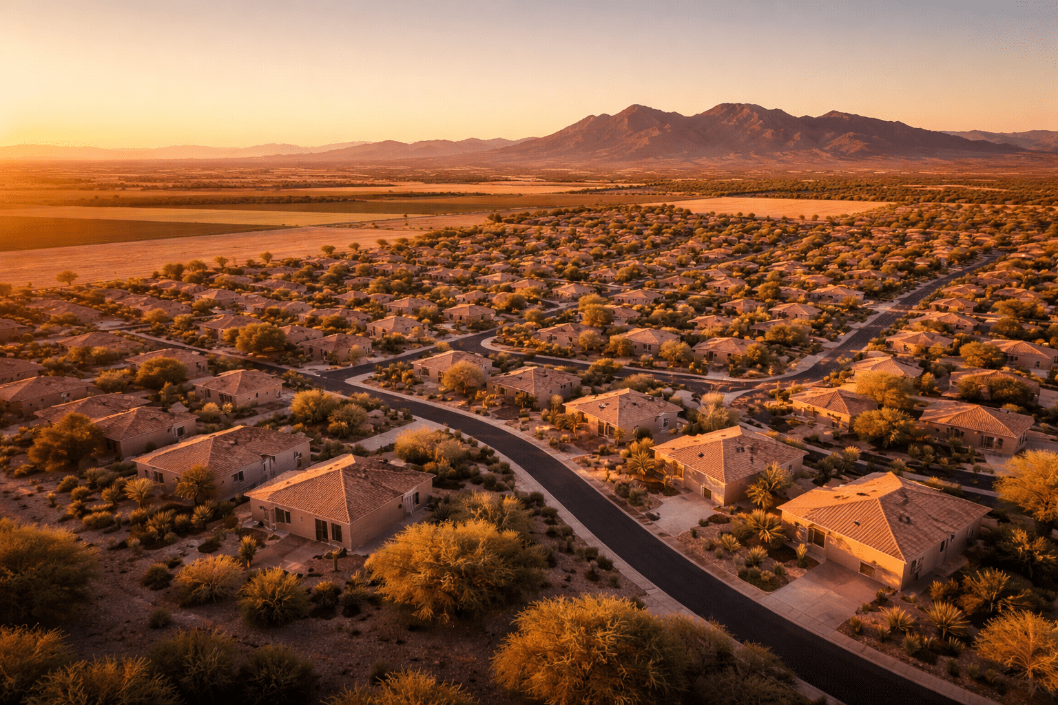 Aerial view of a small Pinal County Arizona community at golden hour with desert terrain and mountain backdrop, Eloy AZ real estate overview — West USA Realt