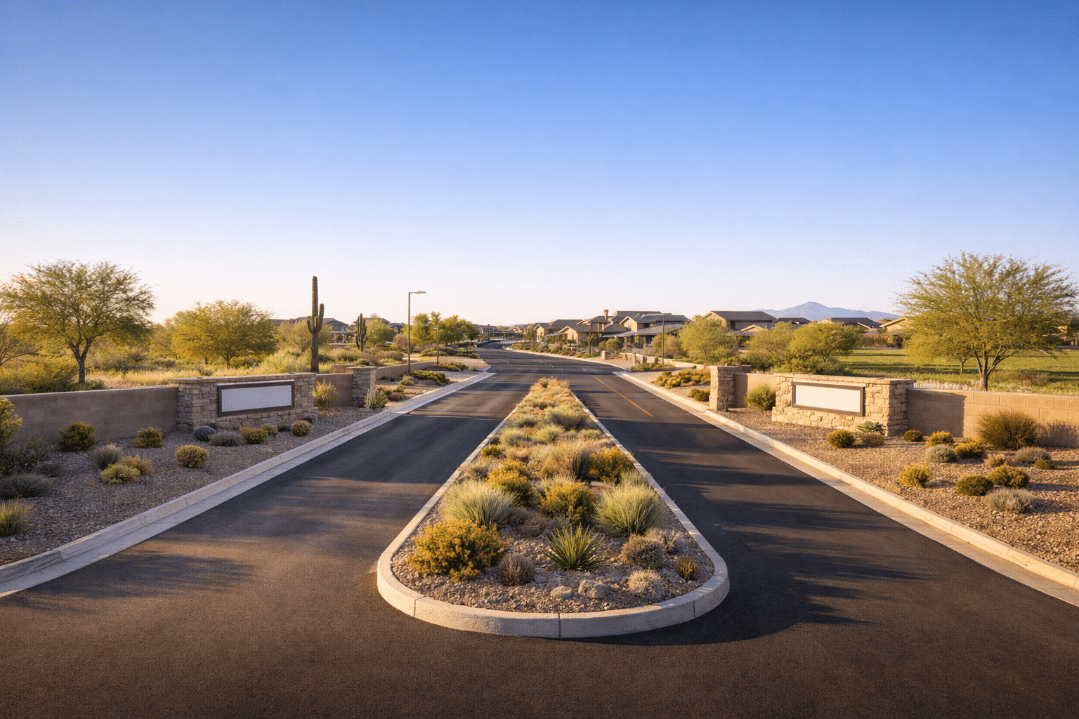 Newer master-planned subdivision entrance in Coolidge Arizona with desert landscaping and curving entry road under a clear winter sky — West USA Realty