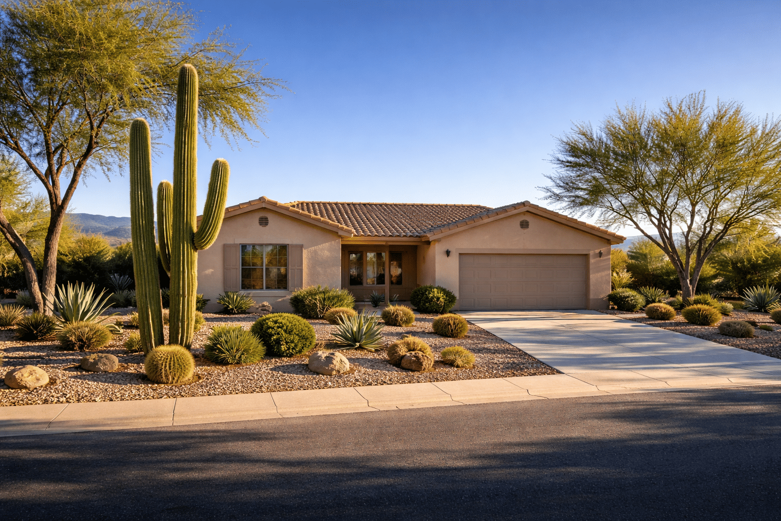 Single-story ranch home with desert landscaping and deep-blue winter sky, Eloy Arizona Pinal County real estate — West USA Realty