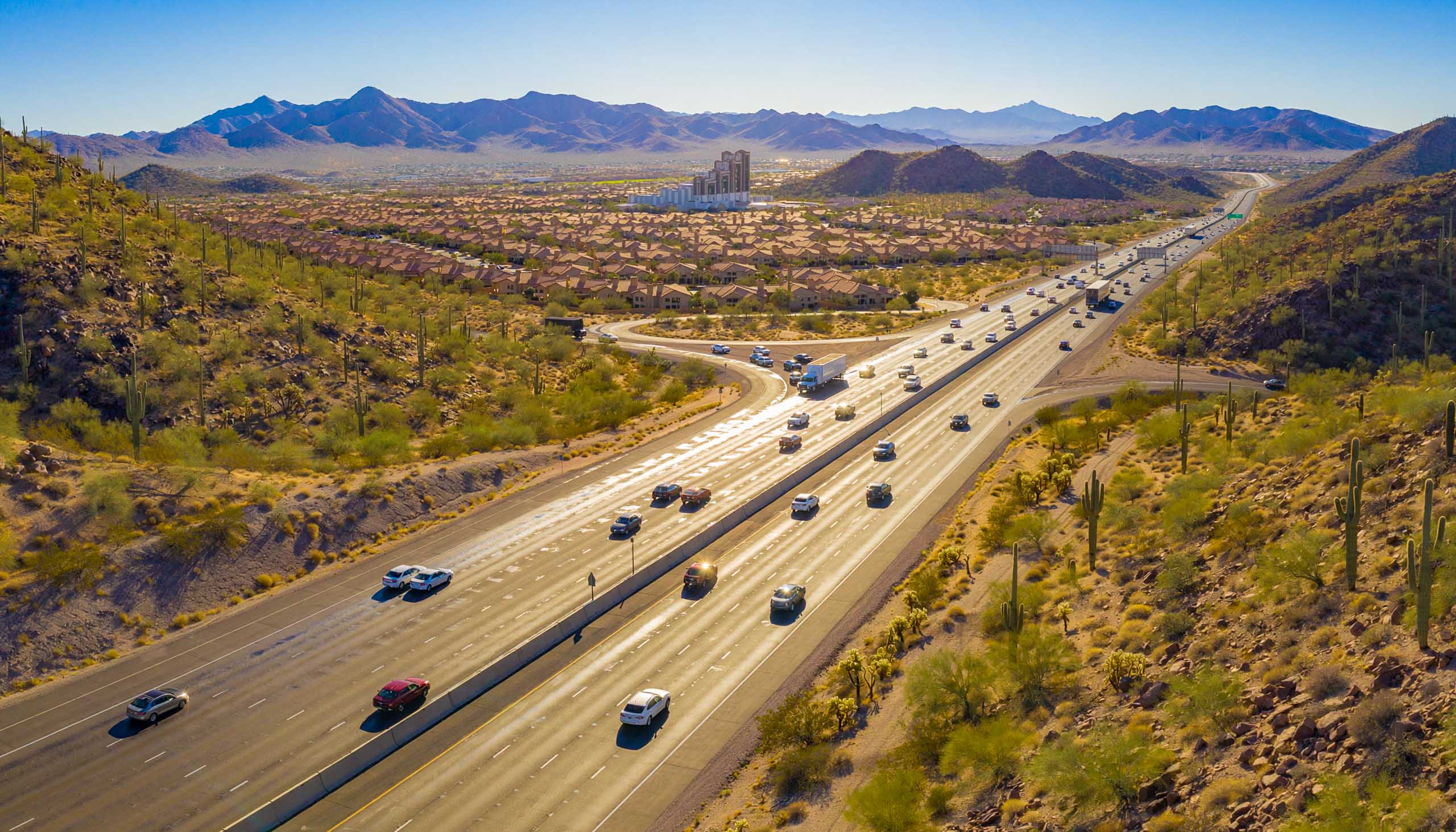 An elevated photograph capturing the Interstate 17 (I-17) corridor as it runs north
