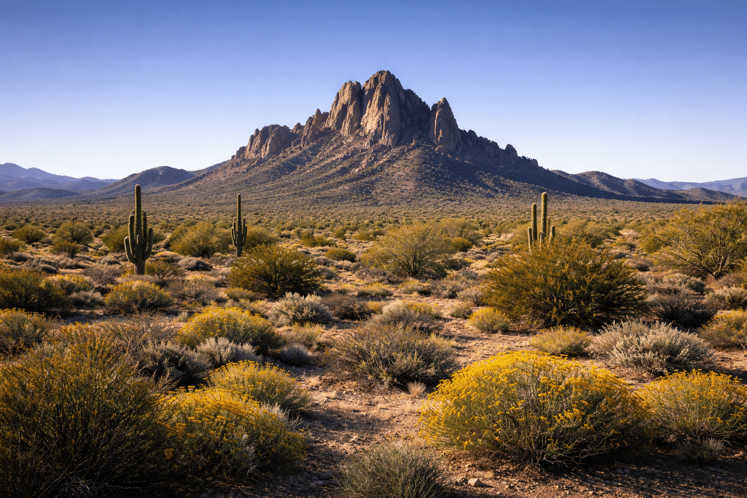 Rocky desert mountain peak rising above the green winter Sonoran Desert floor, Eloy Arizona outdoor lifestyle Pinal County — West USA Realty