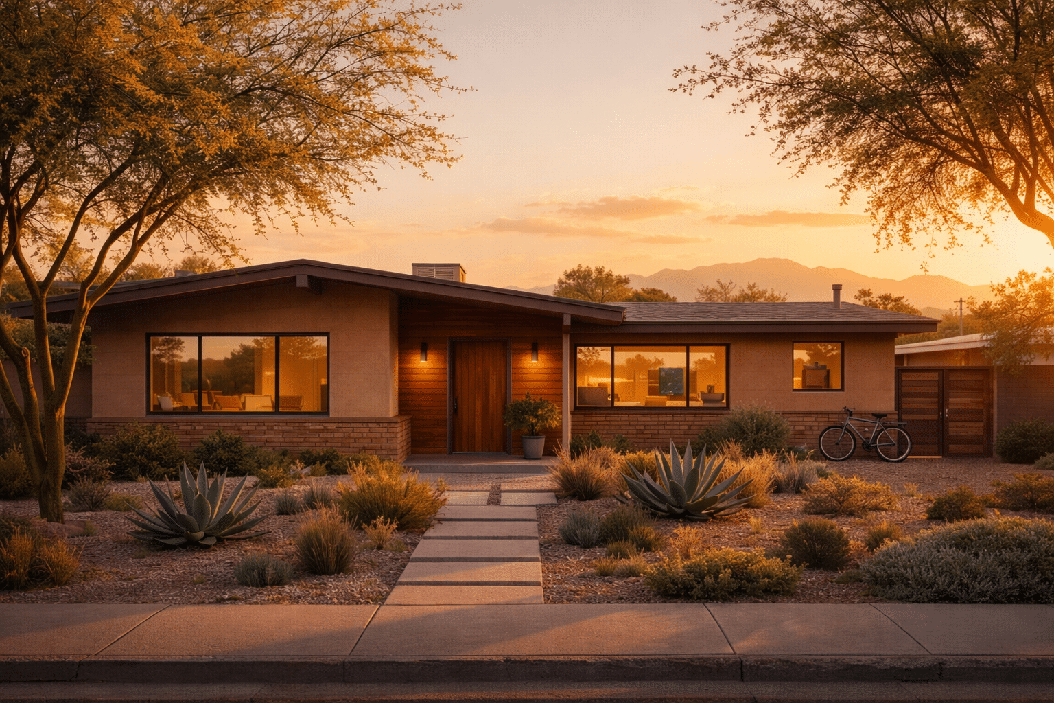 Tempe AZ homes for sale mid-century modern exterior Palo Verde desert landscaping Golden Hour