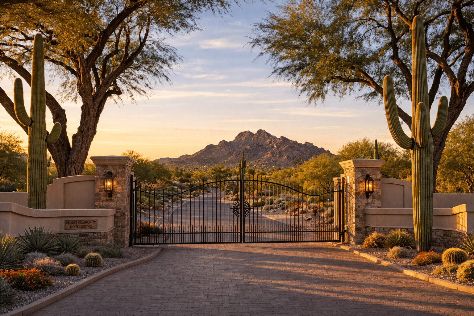 Paradise Valley AZ real estate gated community entry stone pilasters Golden Hour