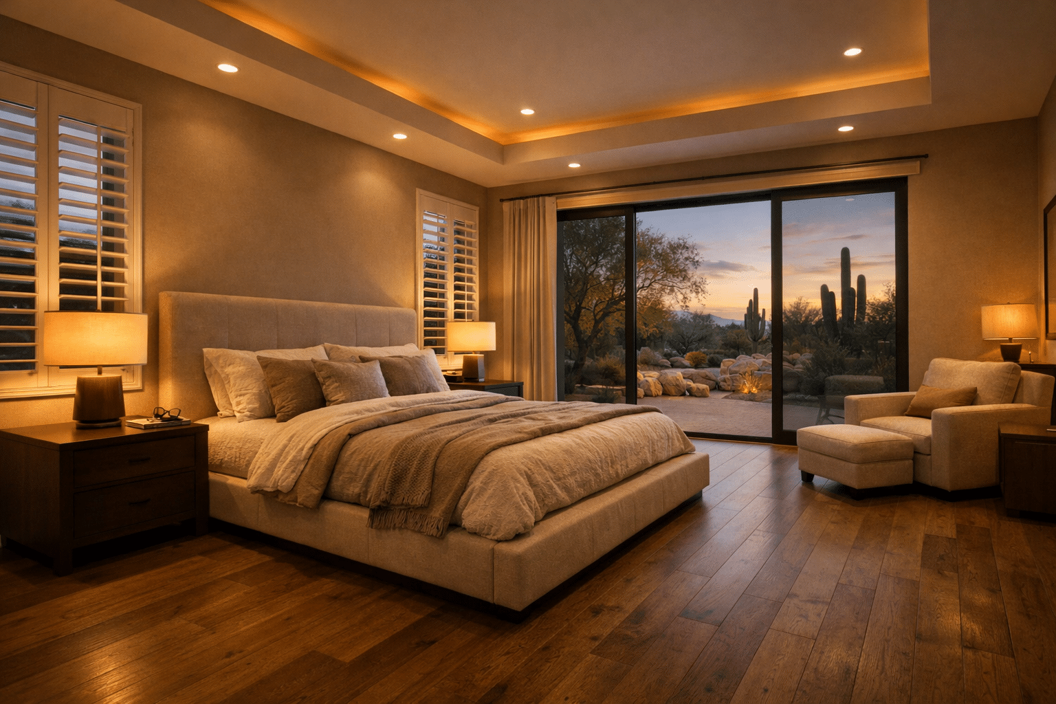 Glendale real estate Arizona primary suite interior luxury finishes warm lighting