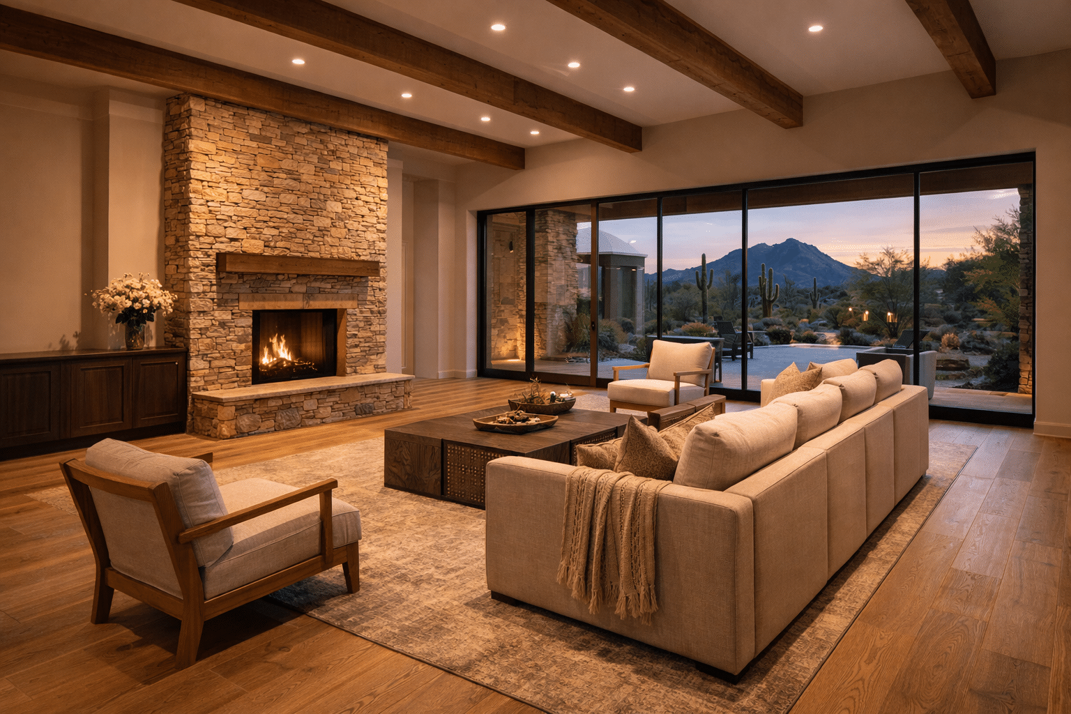 Paradise Valley AZ real estate luxury great room interior stone fireplace open floor plan