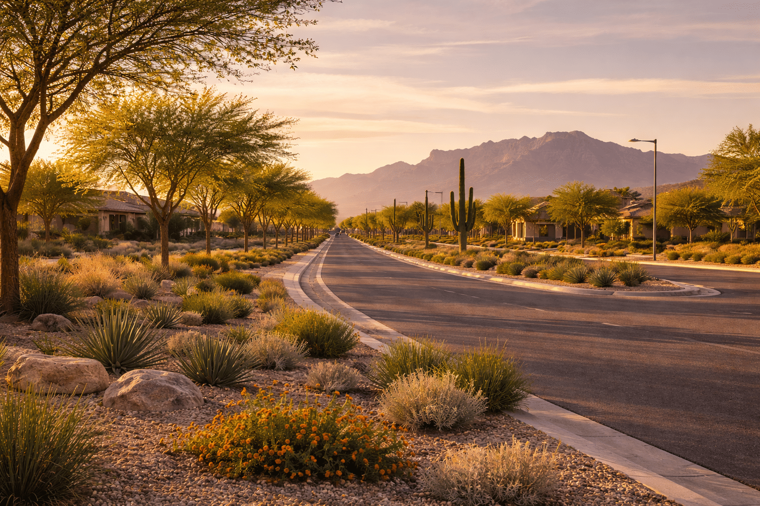 homes for sale in Mesa AZ East Valley Palo Verde streetscape Superstition Mountains Golden Hour