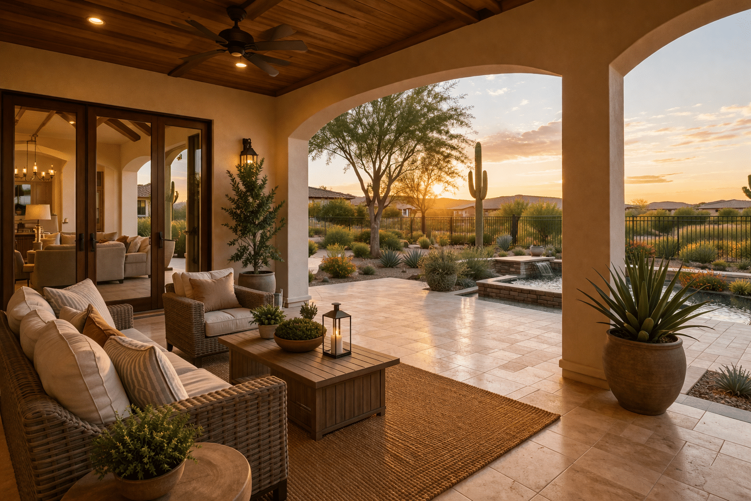 Litchfield Park Real Estate CTA image of a covered patio with desert landscaping - West Usa Realty